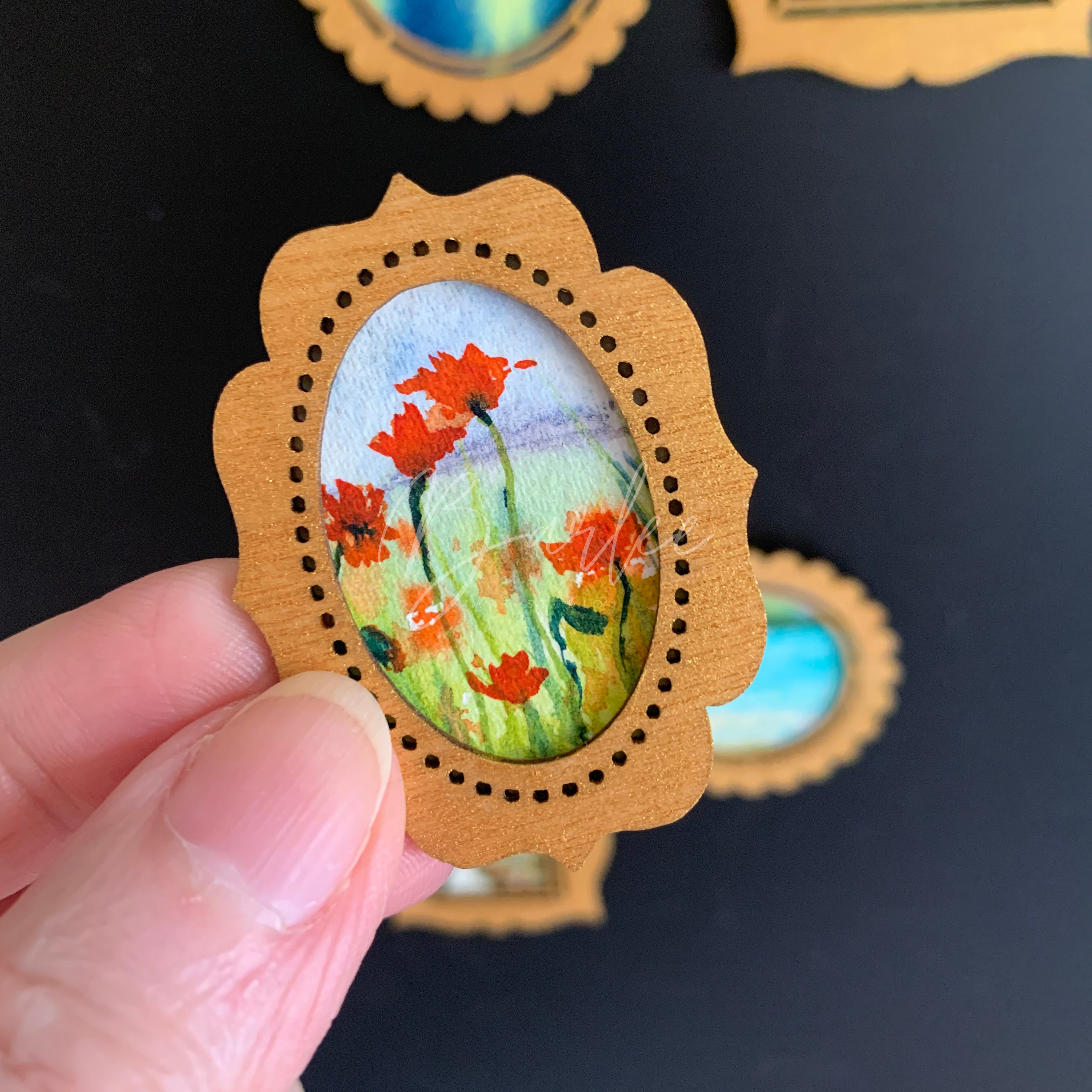 Hand Painted Fridge Magnet Set - 3 Framed Mini Paintings