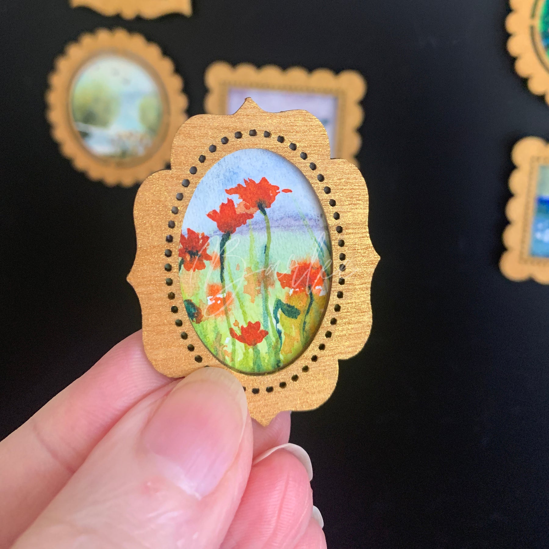 Hand Painted Fridge Magnet Set - 4 Framed Mini Paintings