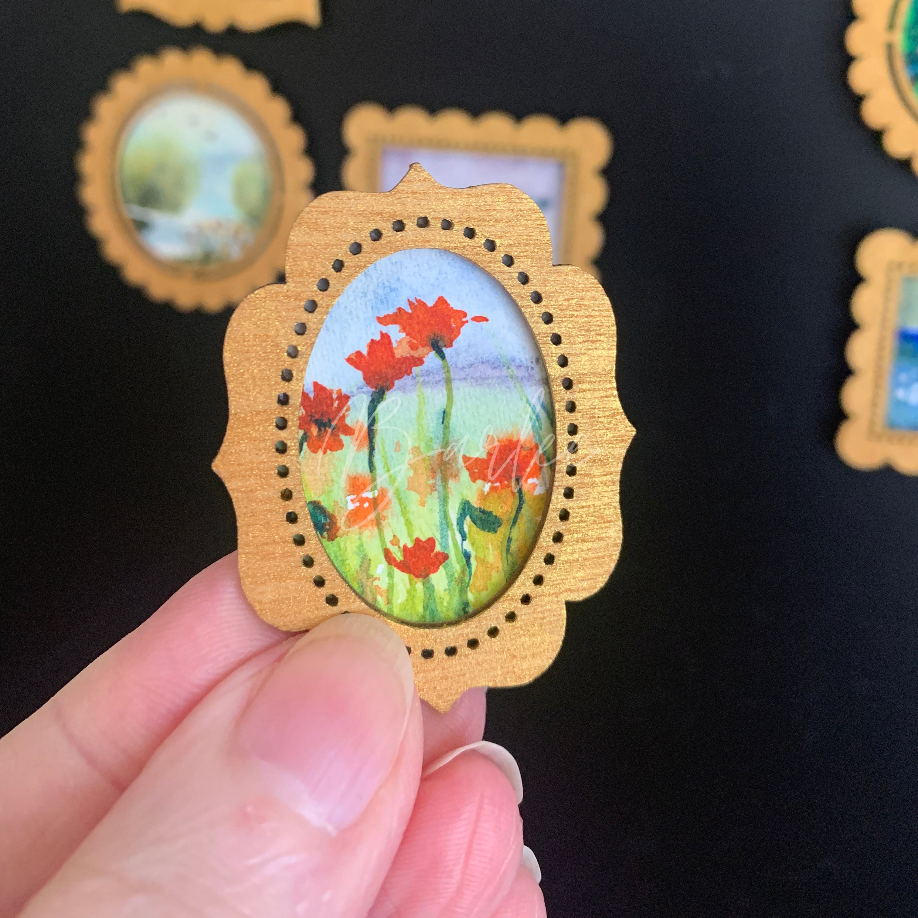 Hand Painted Fridge Magnet Set - 4 Framed Mini Paintings
