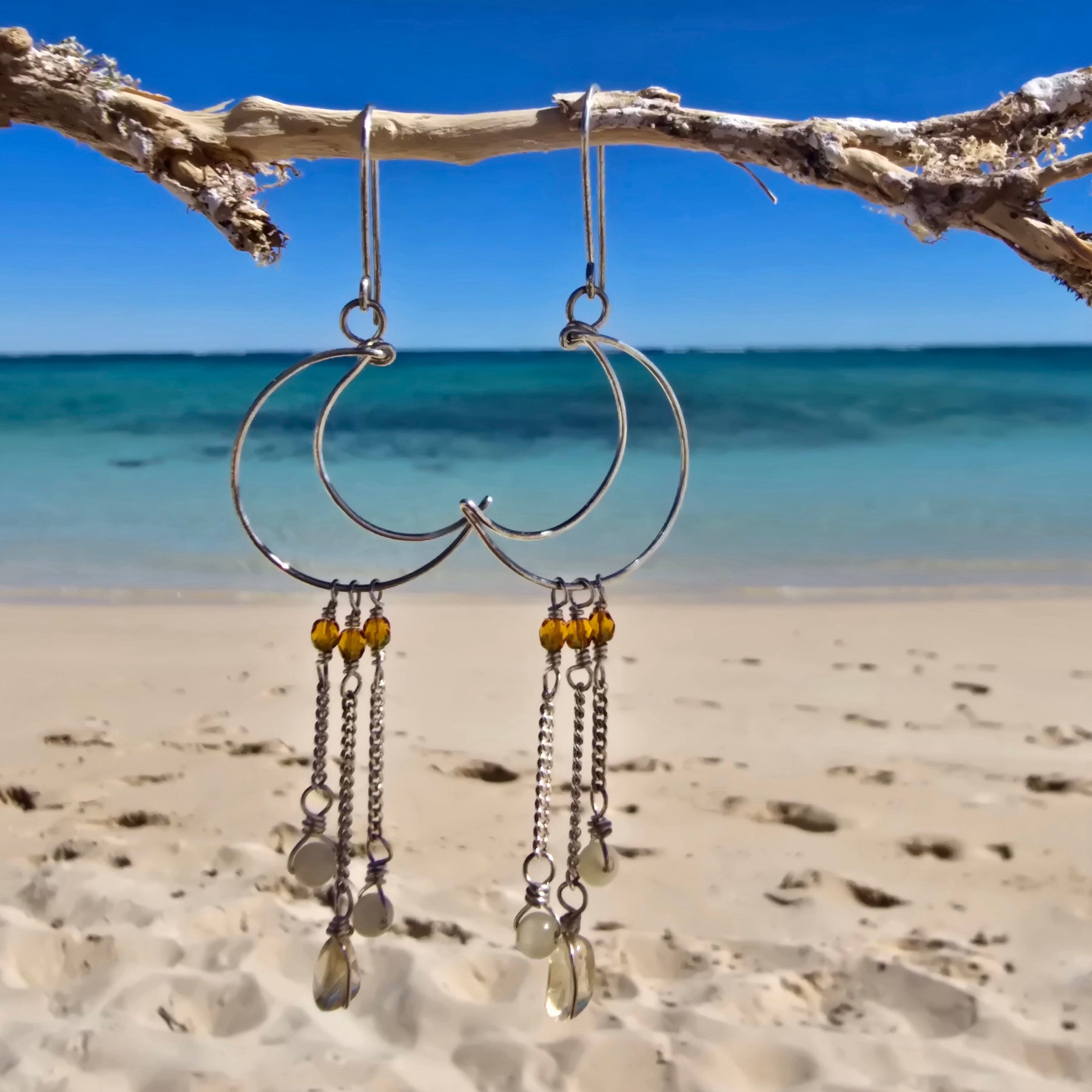 Crescent Moon Earrings in Sterling Silver with Citrine & Onyx