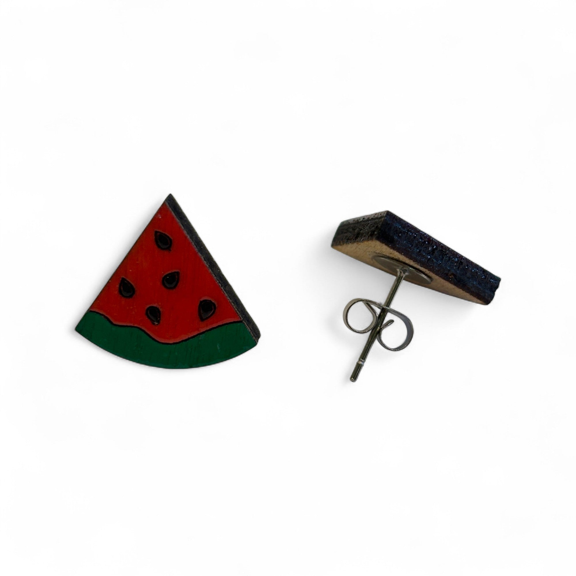 Watermelon studs - wooden, hand painted earrings