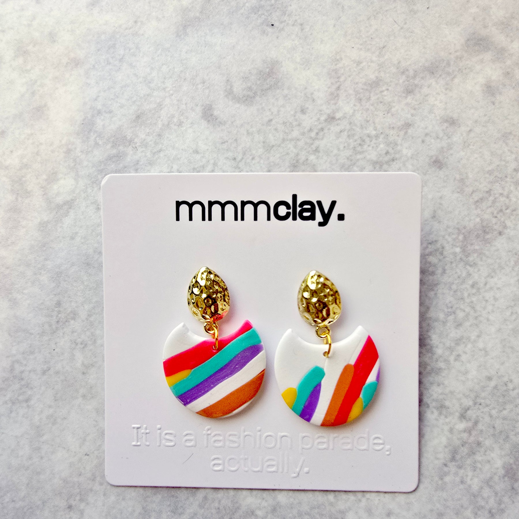 White Rainbow Striped Polymer Clay Drop Earrings