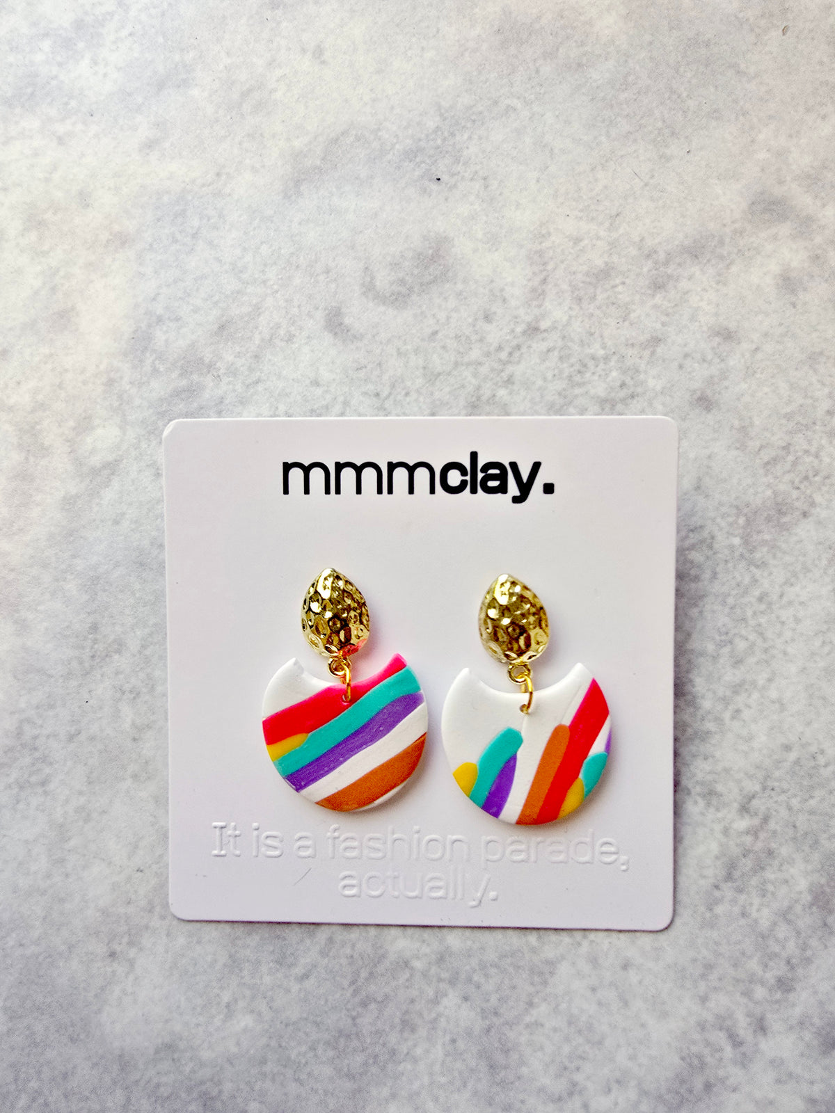 White Rainbow Striped Polymer Clay Drop Earrings