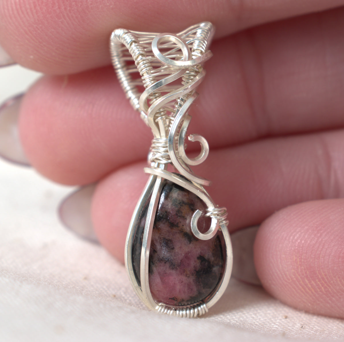 Wire Wrapped Rhodonite Keepsake Pendant