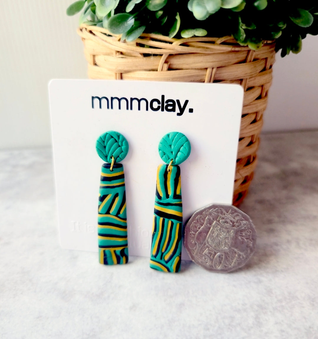 Black and Green Striped Polymer Clay Drop Earrings