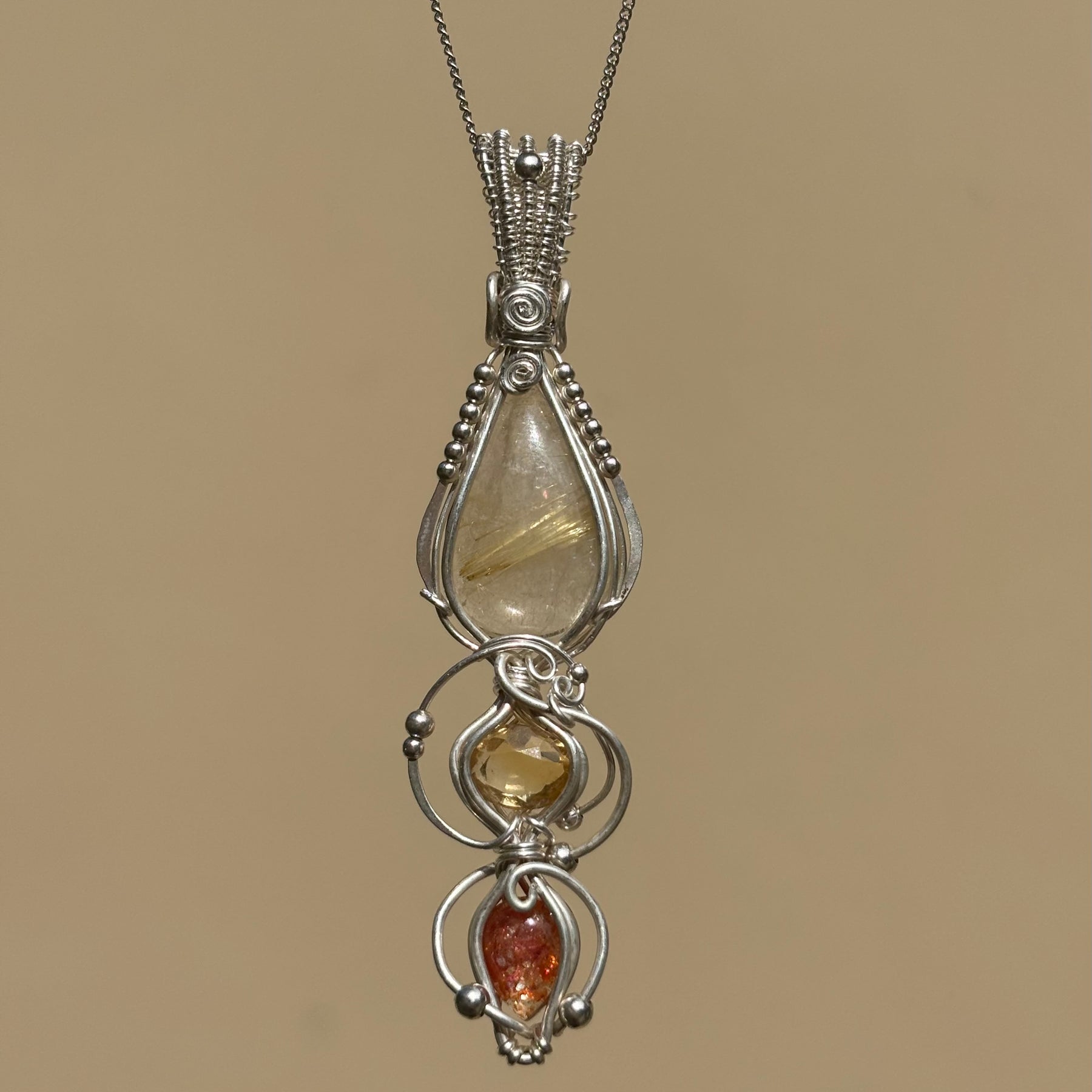 Citrine, Sunstone, Rutilated Quartz Crystal Pendant wire wrap