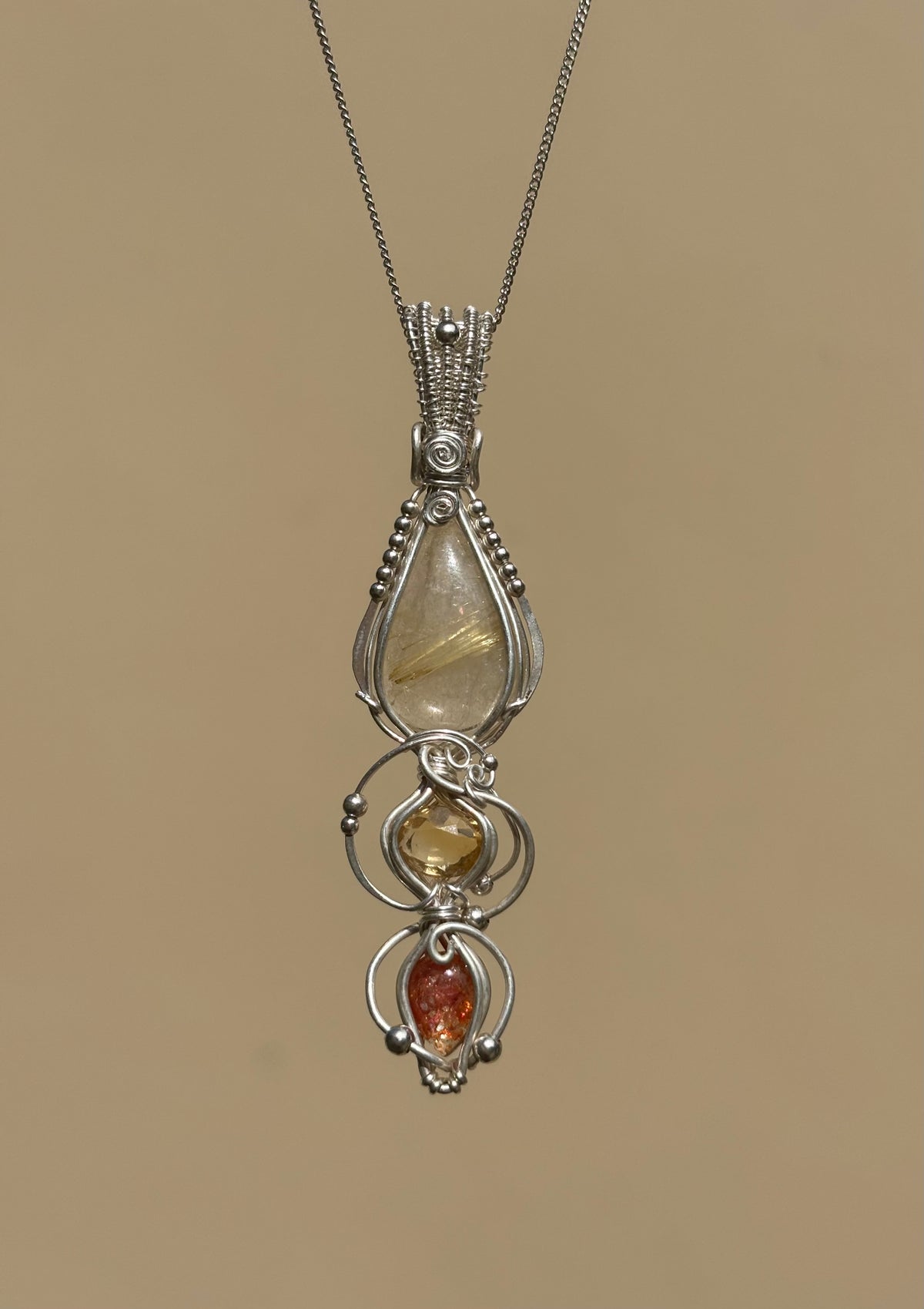 Citrine, Sunstone, Rutilated Quartz Crystal Pendant wire wrap