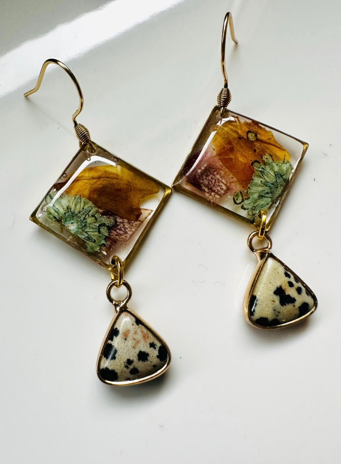 Botanical rhombus earrings with Dalmatian jasper
