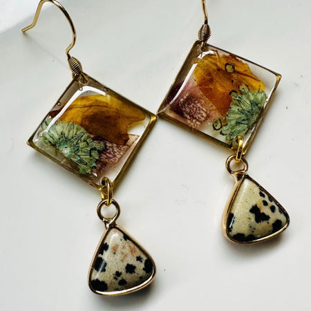 Botanical rhombus earrings with Dalmatian jasper