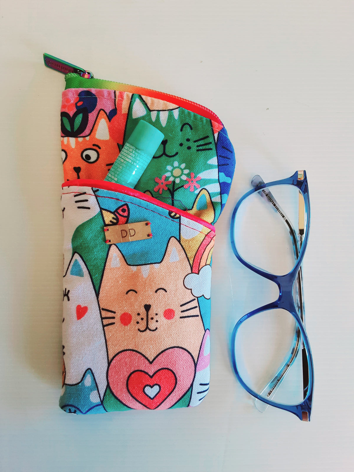 Handmade Padded Sunglass Case, Zippered Eyeglass Pouch, Cat Print