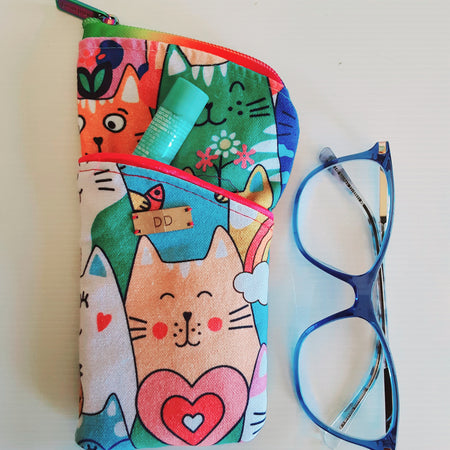 Handmade Padded Sunglass Case, Zippered Eyeglass Pouch, Cat Print