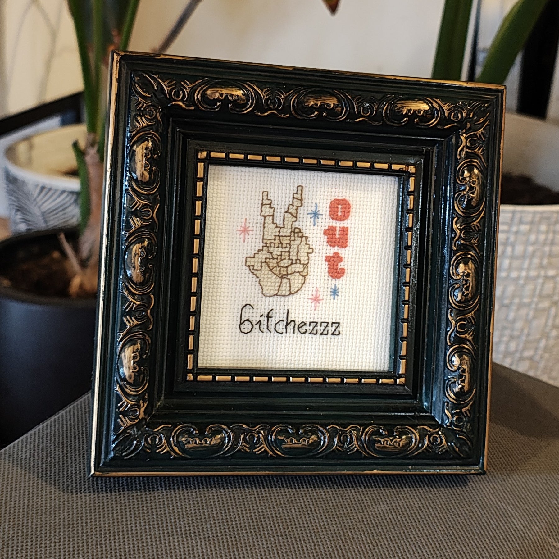 "Peace Out" framed cross stitch