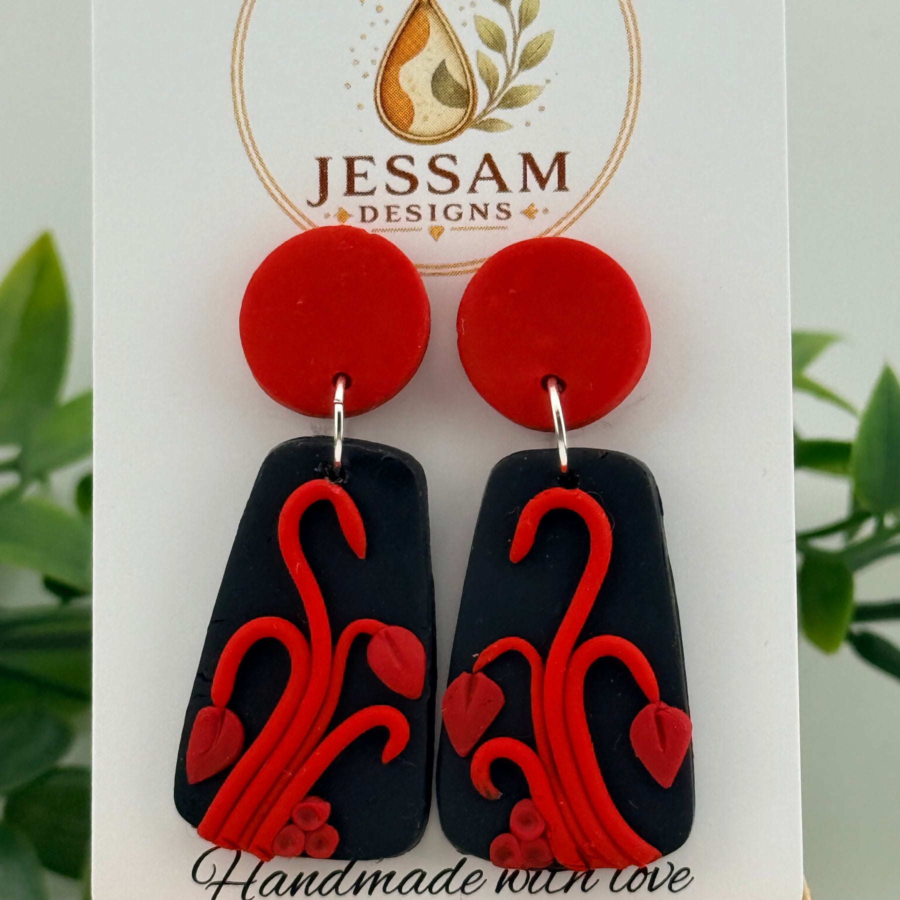 Red & Black Floral Polymer Clay Dangle Earrings – Handmade Statement Earrings