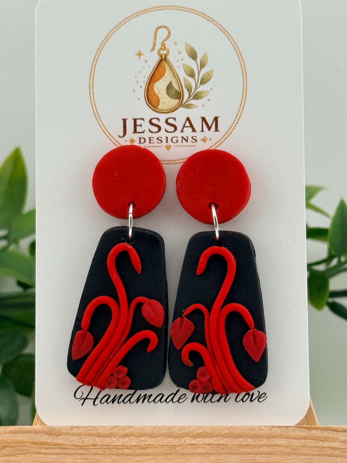 Red & Black Floral Polymer Clay Dangle Earrings – Handmade Statement Earrings