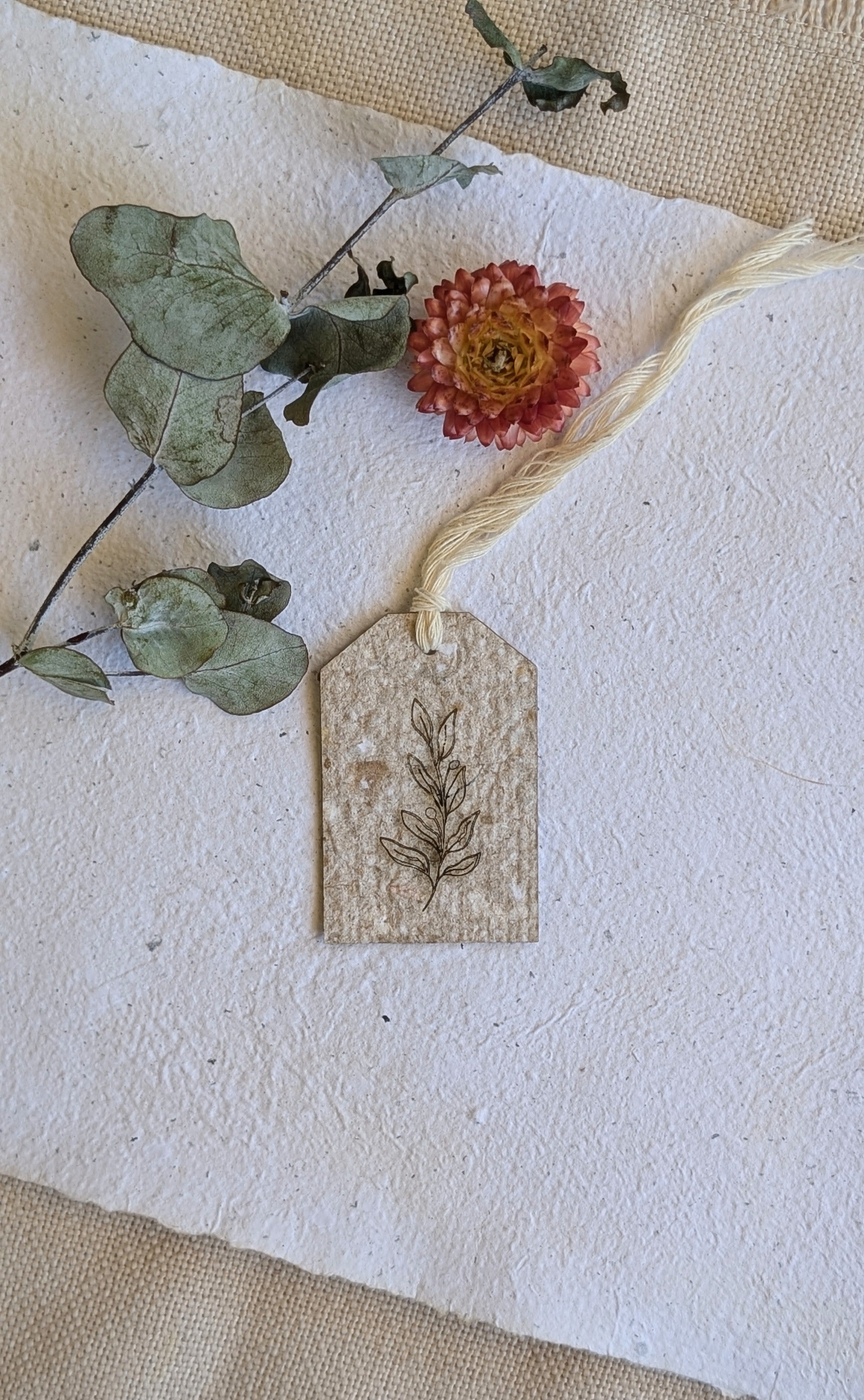 Handmade Botanical Paper Gift Tags Pack of 5 – Engraved Keepsake Tags with Cotton Tie