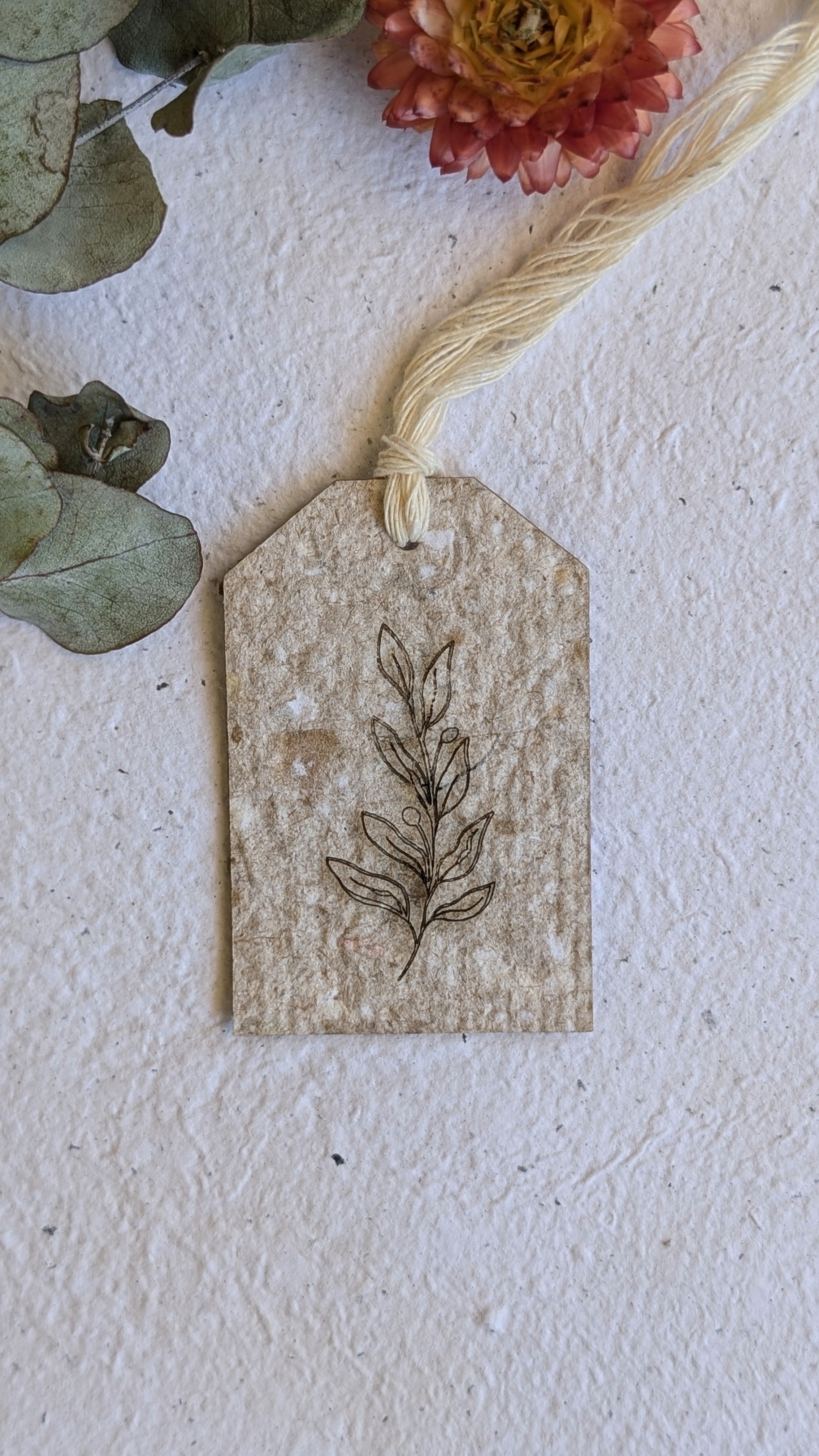 Handmade Botanical Paper Gift Tags Pack of 5 – Engraved Keepsake Tags with Cotton Tie