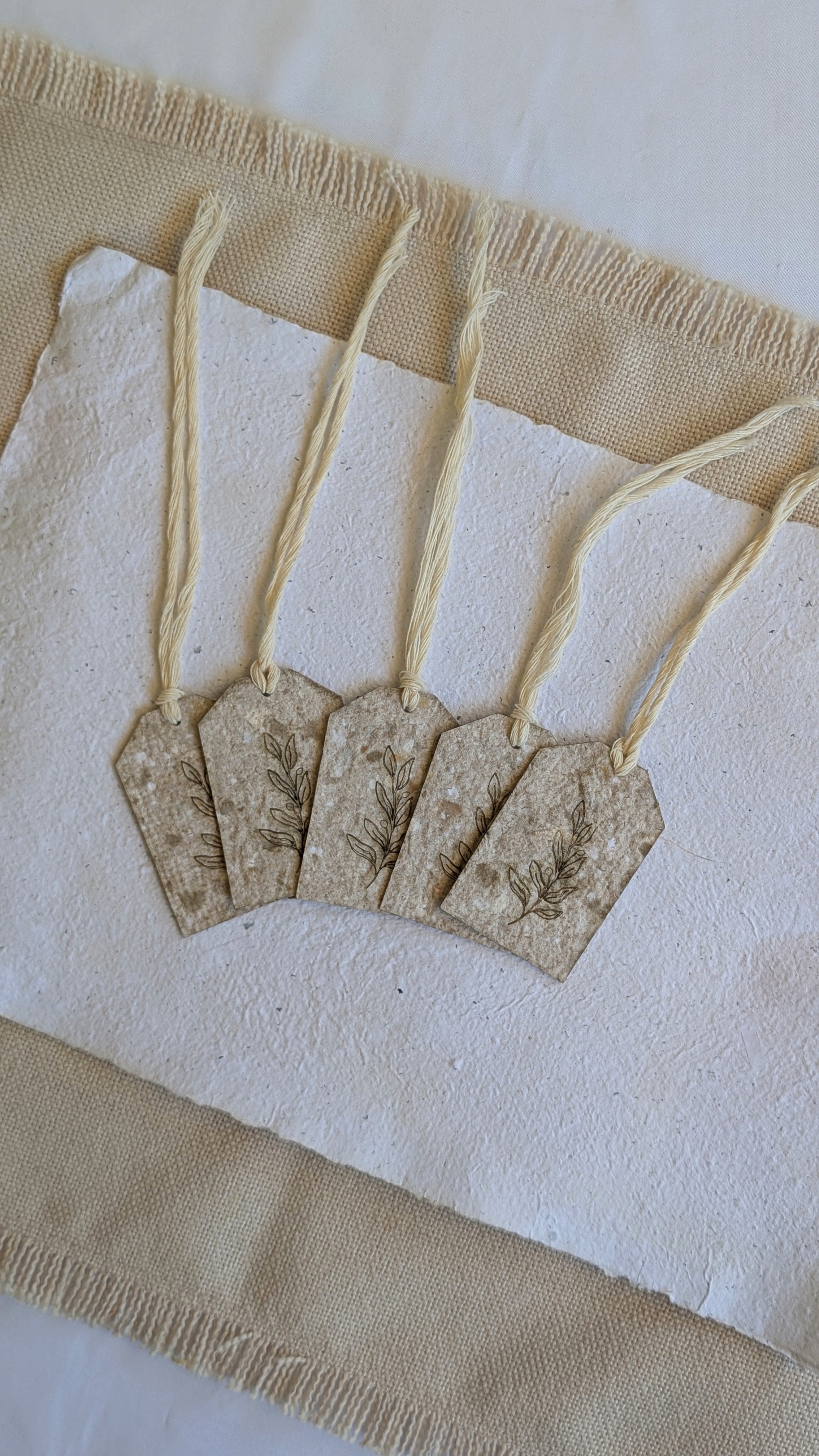 Handmade Botanical Paper Gift Tags Pack of 5 – Engraved Keepsake Tags with Cotton Tie