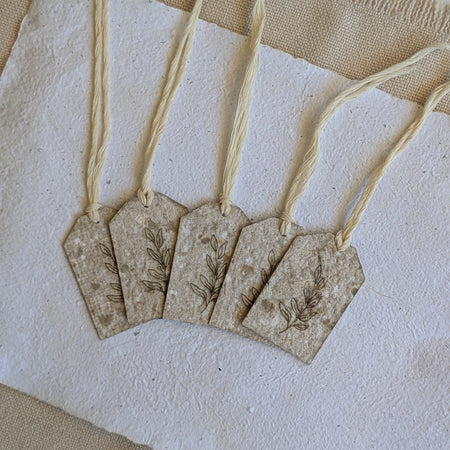 Handmade Botanical Paper Gift Tags Pack of 5 – Engraved Keepsake Tags with Cotton Tie
