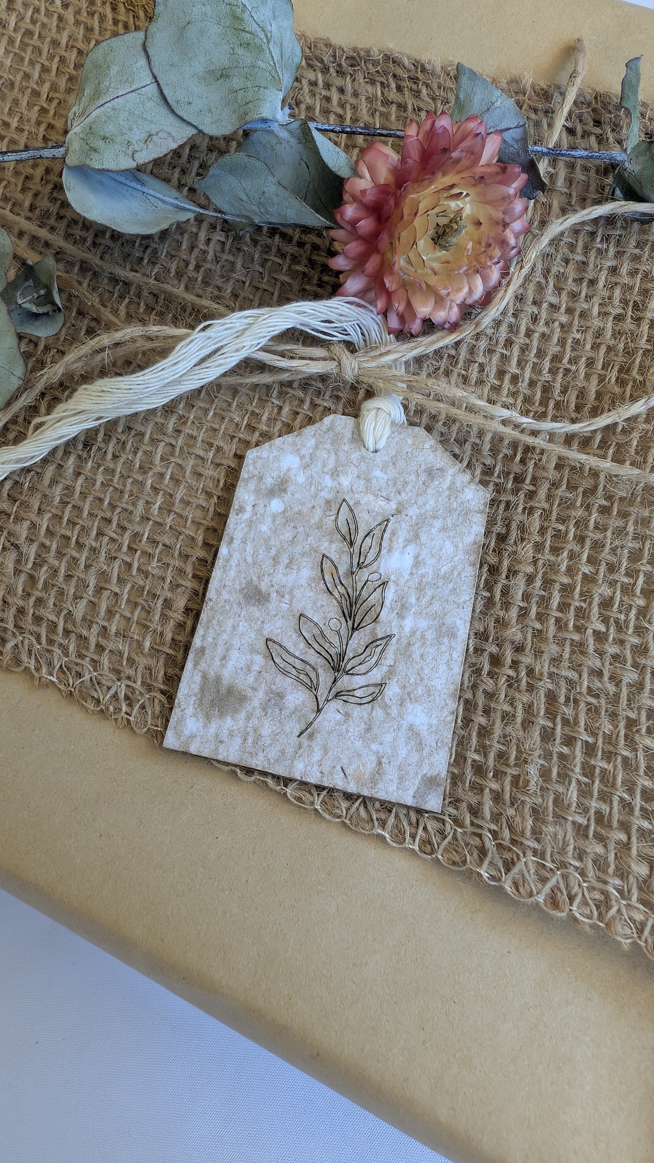 Handmade Botanical Paper Gift Tags Pack of 5 – Engraved Keepsake Tags with Cotton Tie