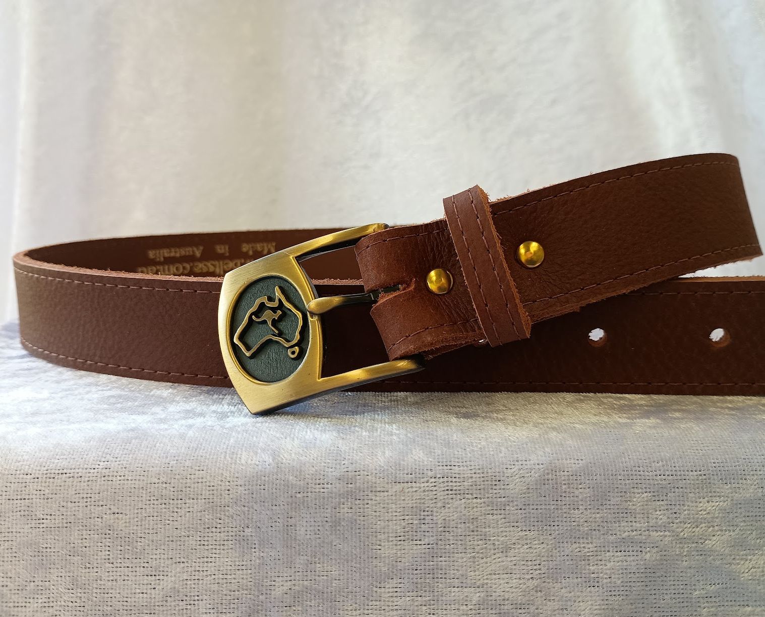 Brown Full Grain Cowhide Leather Belt with Australia Motif, Australian Made, 30mm Wide