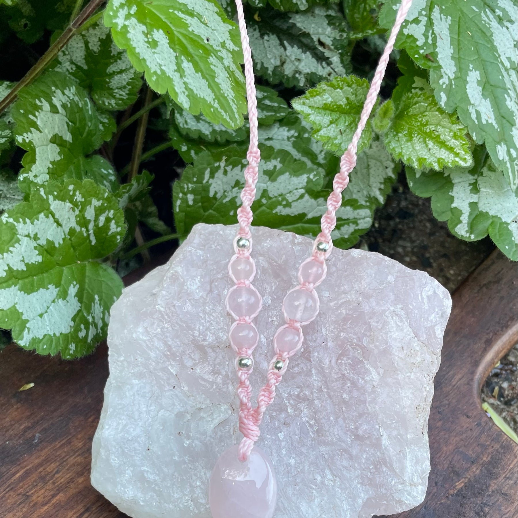 Rose Quartz Pendant, oval shape, beaded necklace adjustable