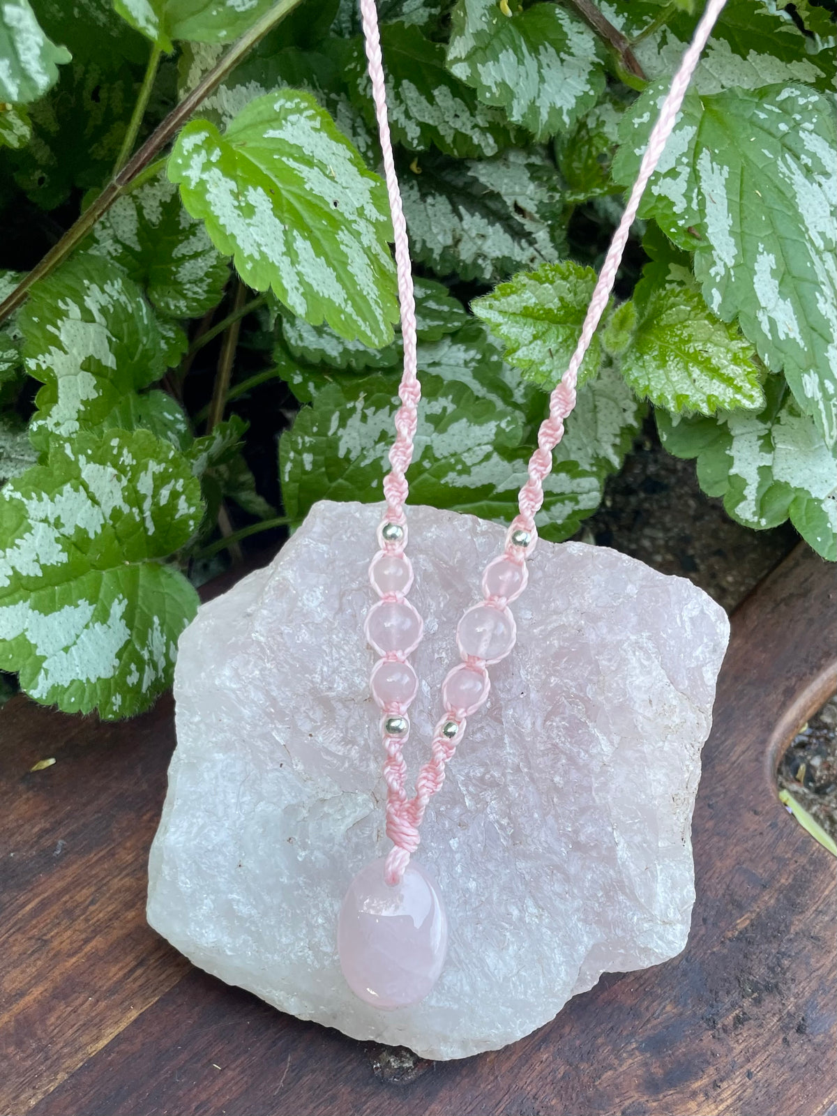 Rose Quartz Pendant, oval shape, beaded necklace adjustable