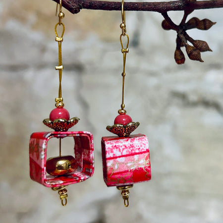 Earrings Long Pink & Gold Japanese Washi Paper: EB-99