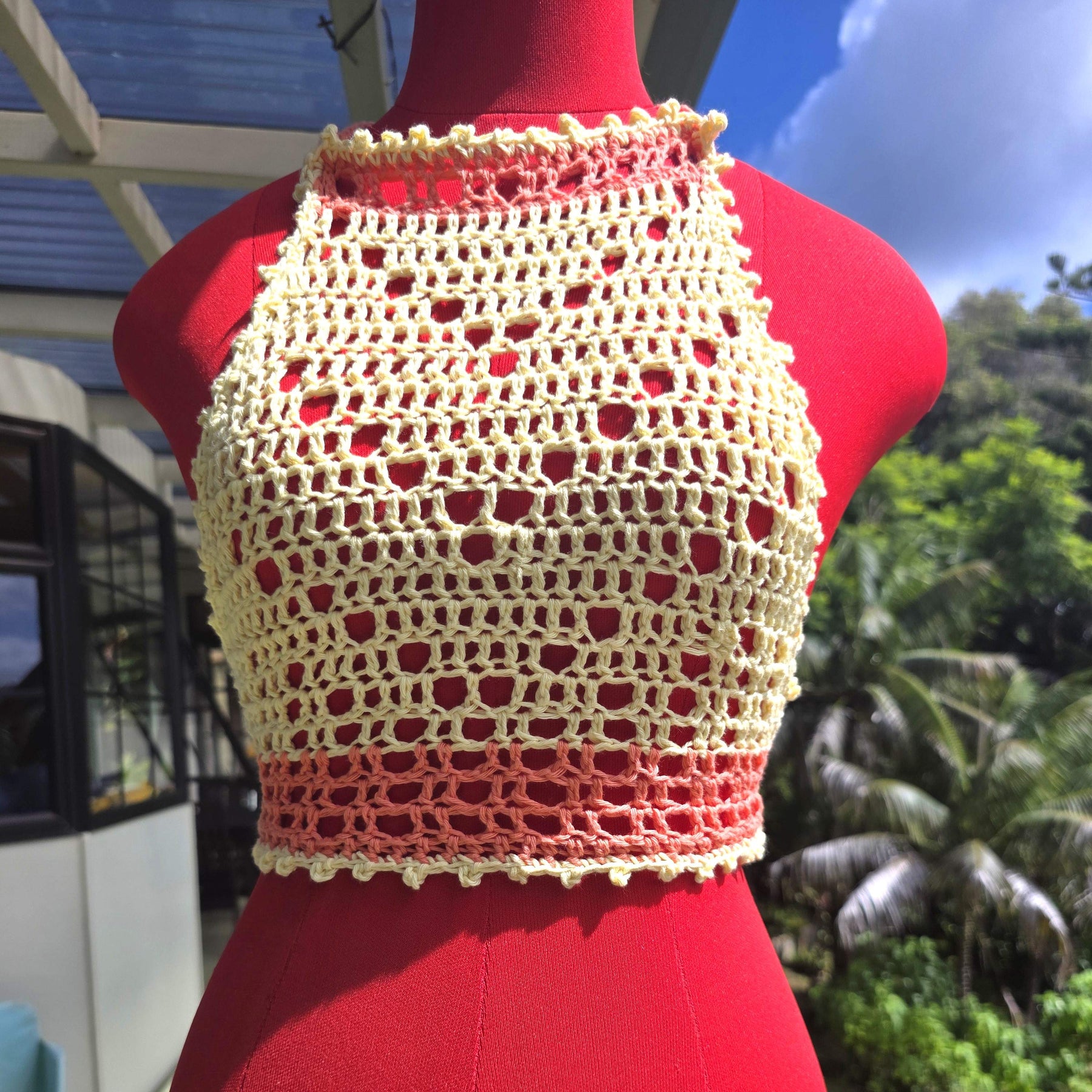 Jasmine Crochet Halter Summer Yellow and Pink Top