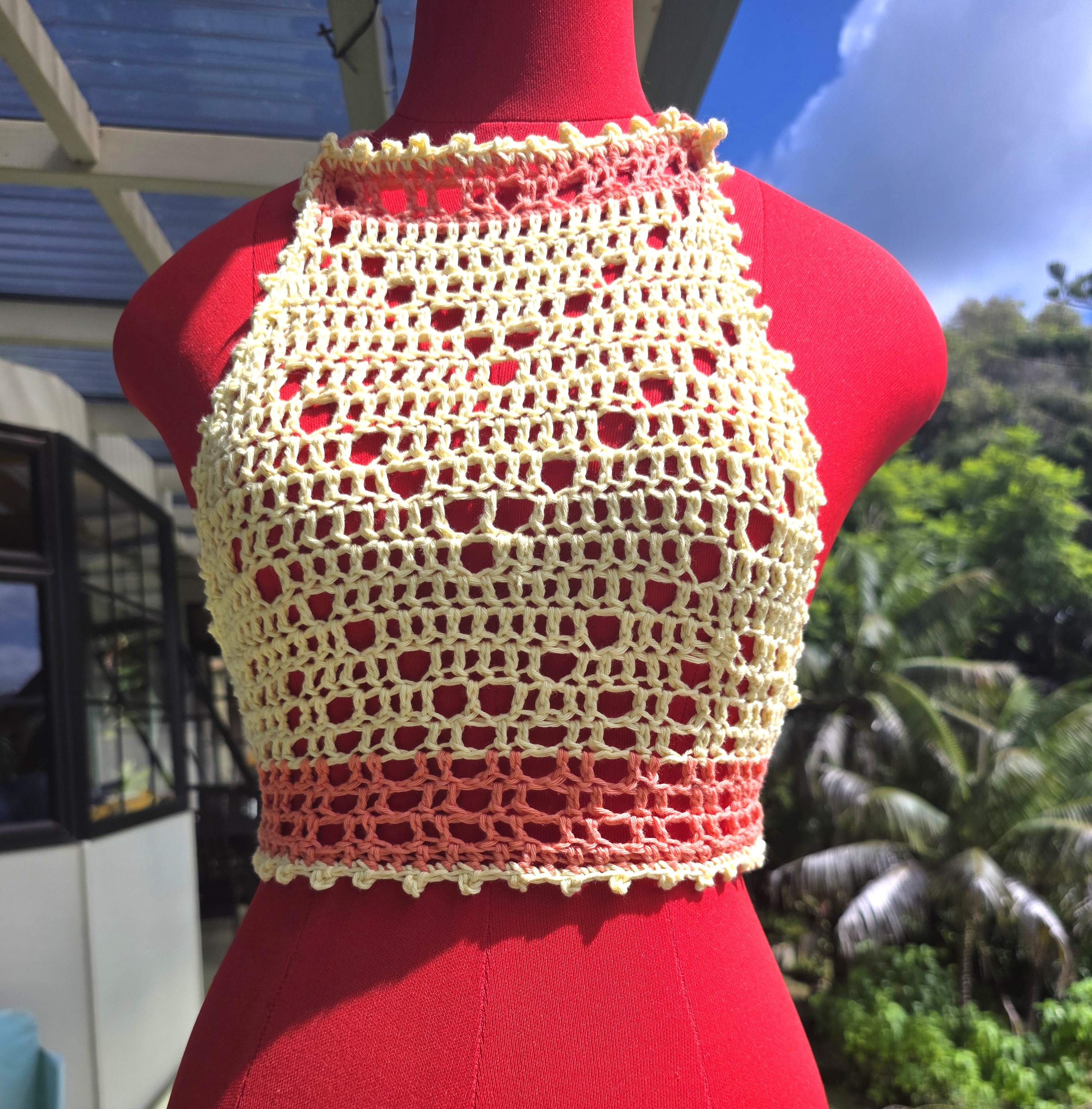 Jasmine Crochet Halter Summer Yellow and Pink Top