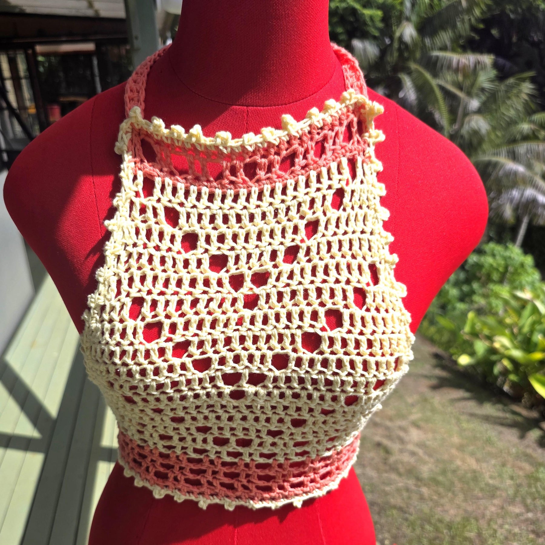 Jasmine Crochet Halter Summer Yellow and Pink Top