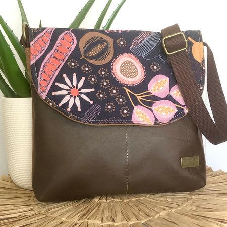 Tan Canvas and Genuine Leather Crossbody Bag with Seed Pod Fabric