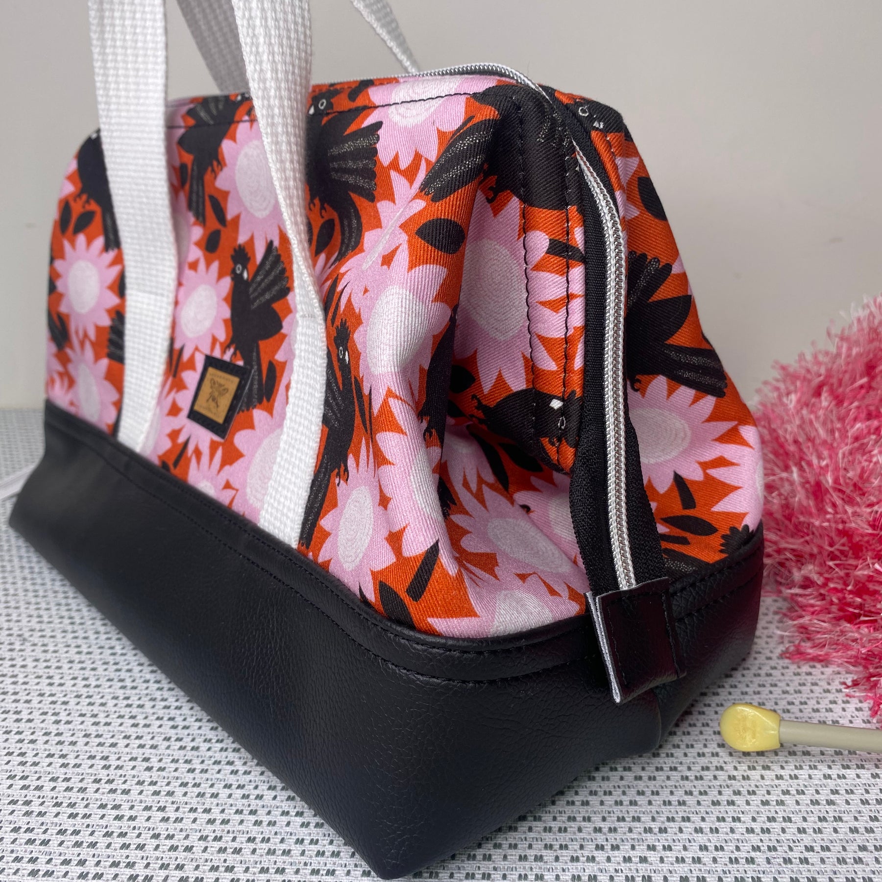 Project Bag - Pink Flowers & Black Cockatoos with a Black Faux Leather Base