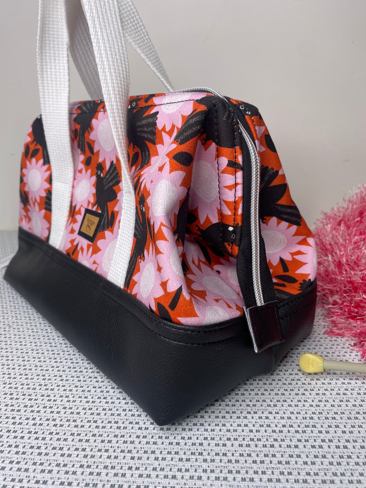Project Bag - Pink Flowers & Black Cockatoos with a Black Faux Leather Base