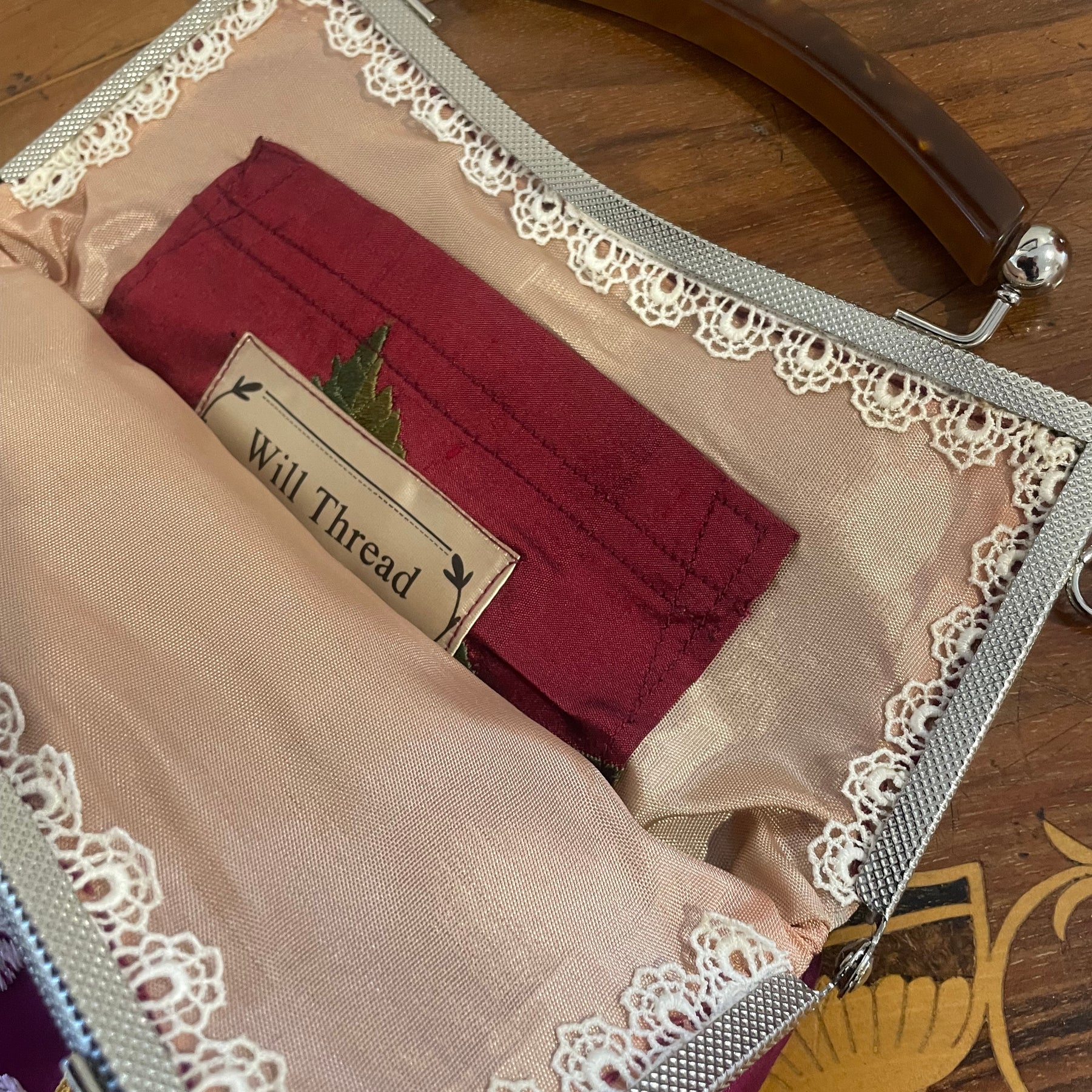 Handmade Plum Satin Handbag, Cherry Blossom Embroidery