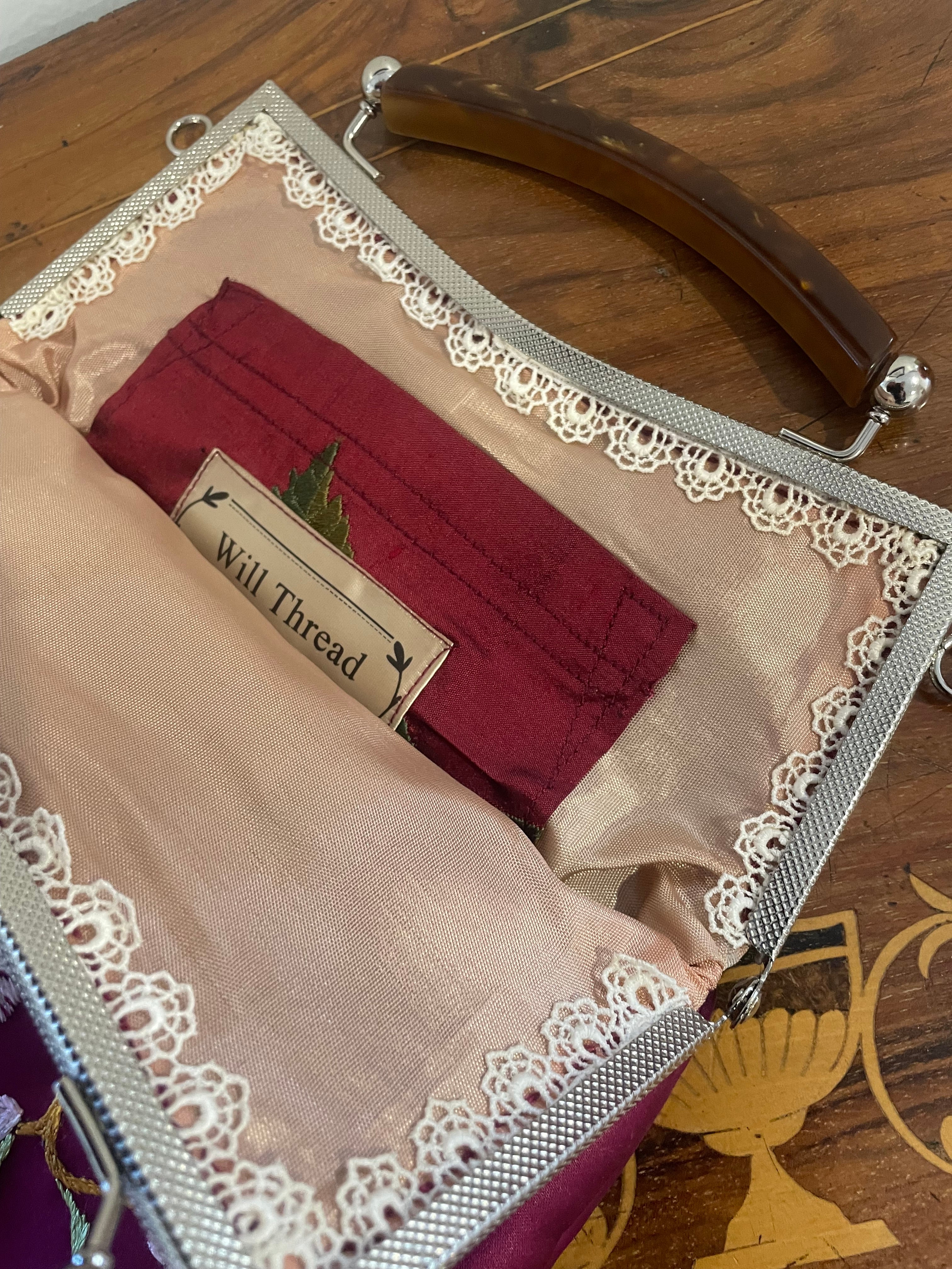 Handmade Plum Satin Handbag, Cherry Blossom Embroidery