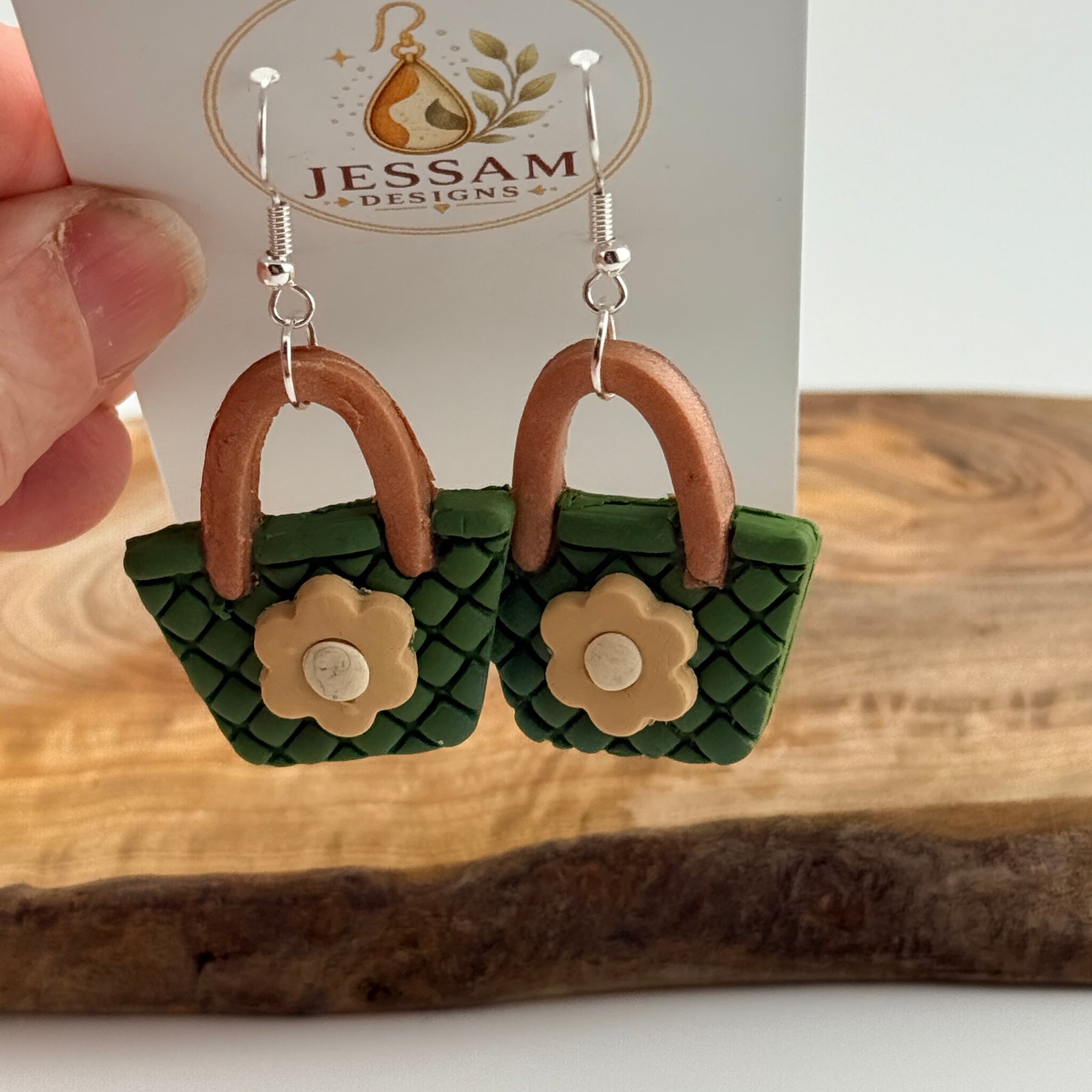 Handmade Green Handbag Polymer Clay Dangle Earrings – Floral Design