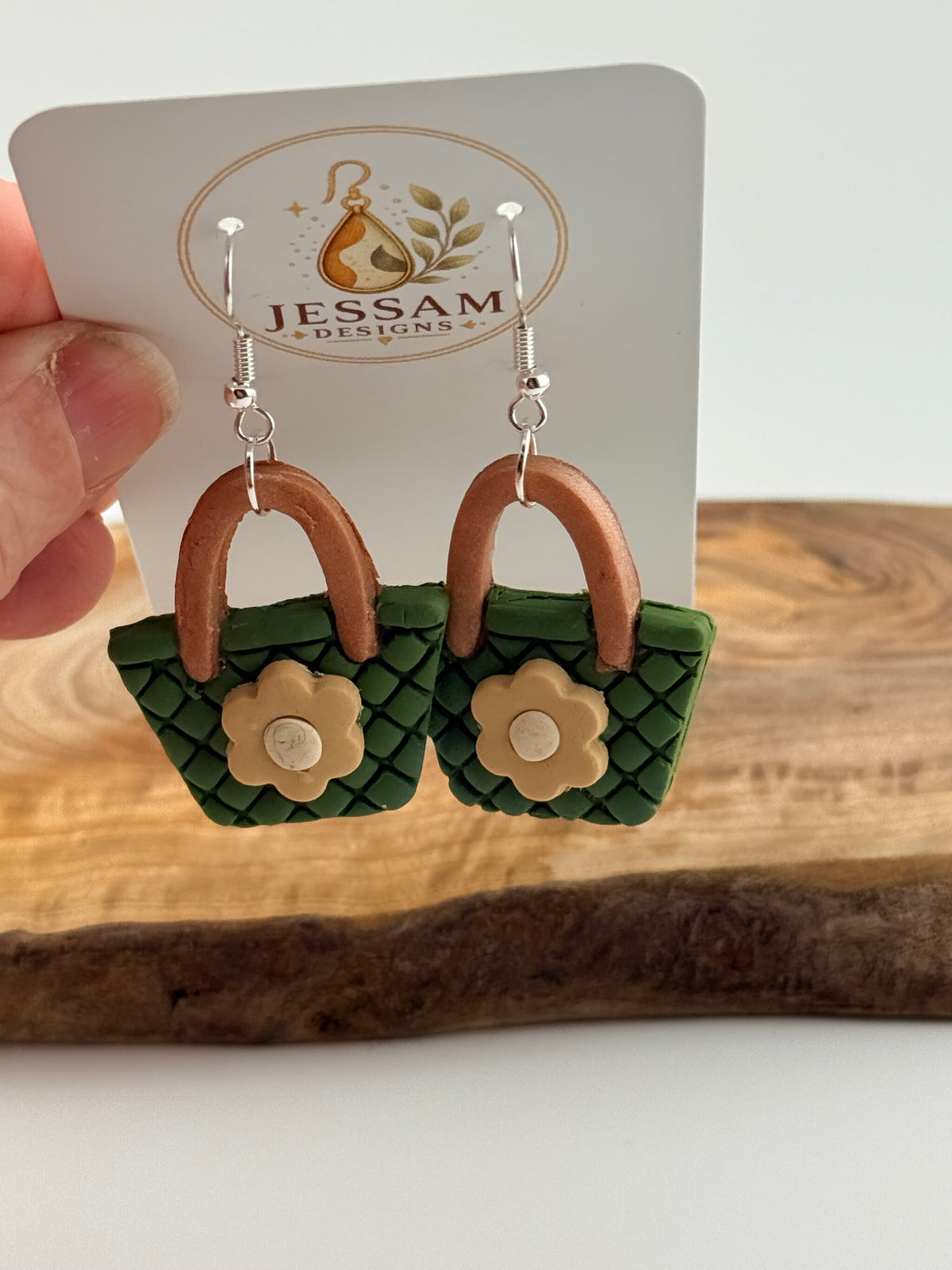 Handmade Green Handbag Polymer Clay Dangle Earrings – Floral Design