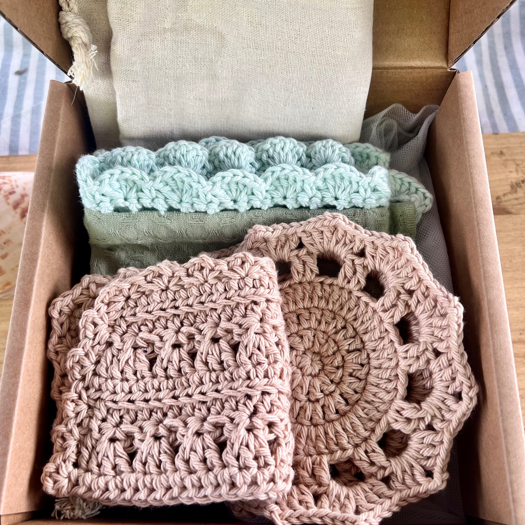 Coastal Kitchen Gift Set, Handmade Crochet Tea Towel & Coasters