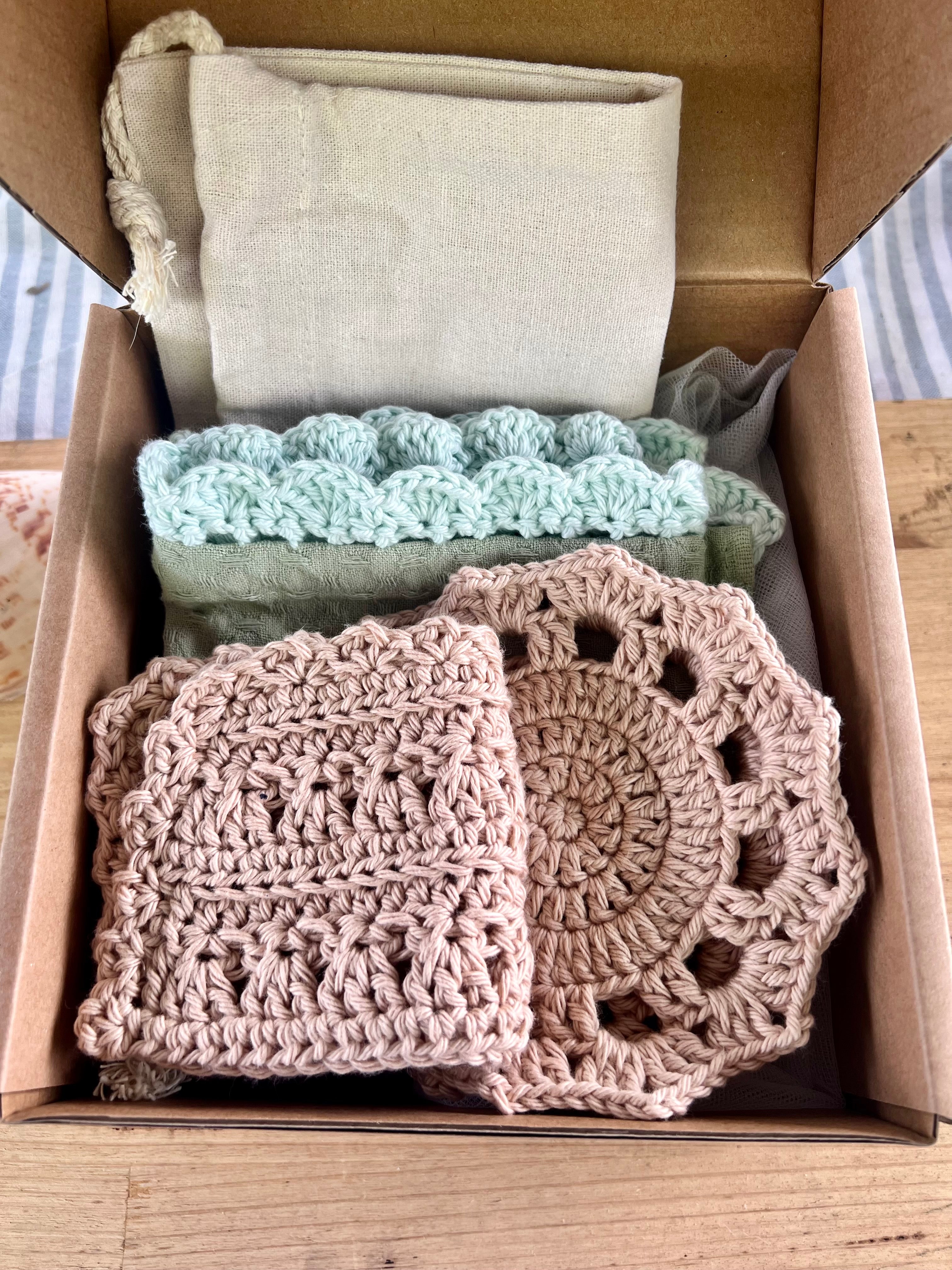 Coastal Kitchen Gift Set, Handmade Crochet Tea Towel & Coasters