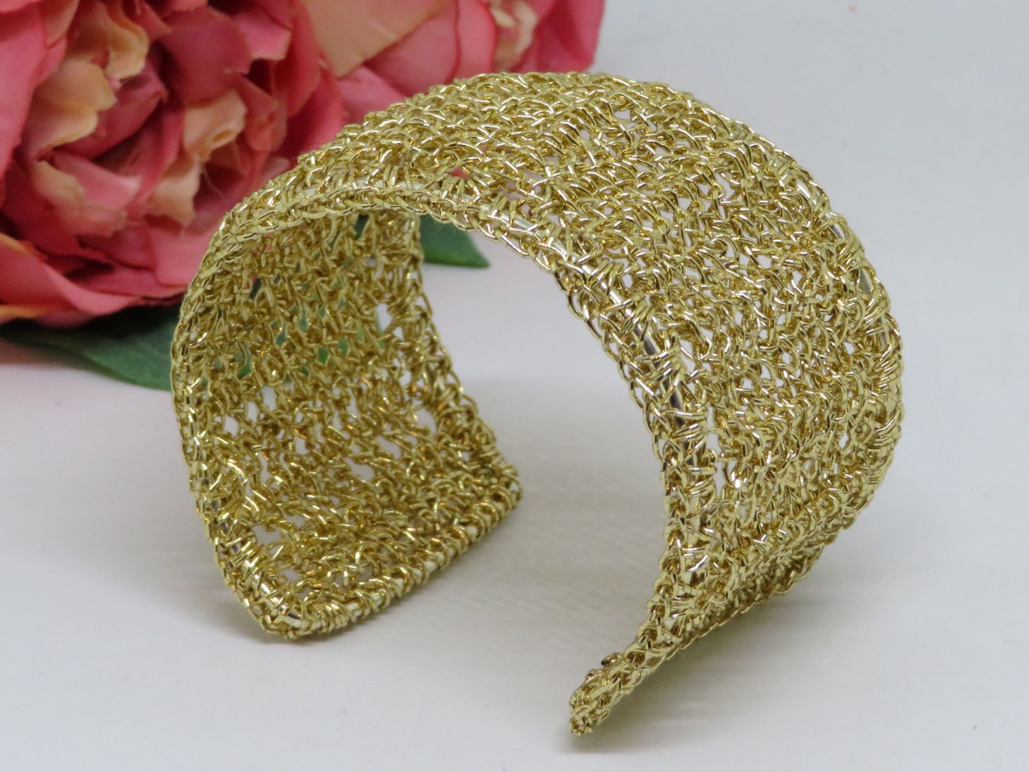 Bespoke Handmade Gold Crochet Shimmer Thread Cuff Bracelet