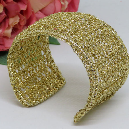 Bespoke Handmade Gold Crochet Shimmer Thread Cuff Bracelet