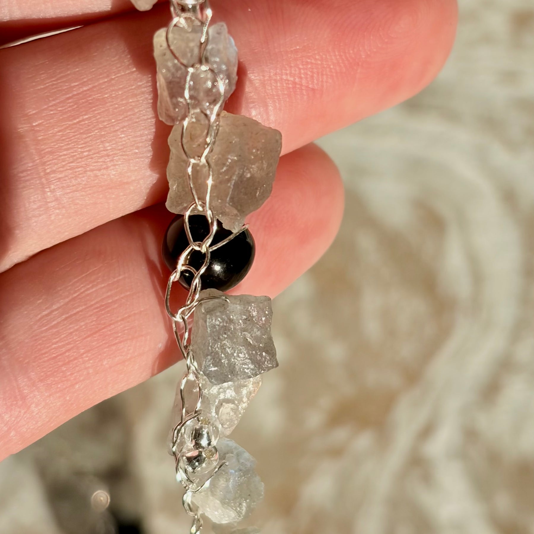 “Smoke” — Labradorite and obsidian crochet necklace