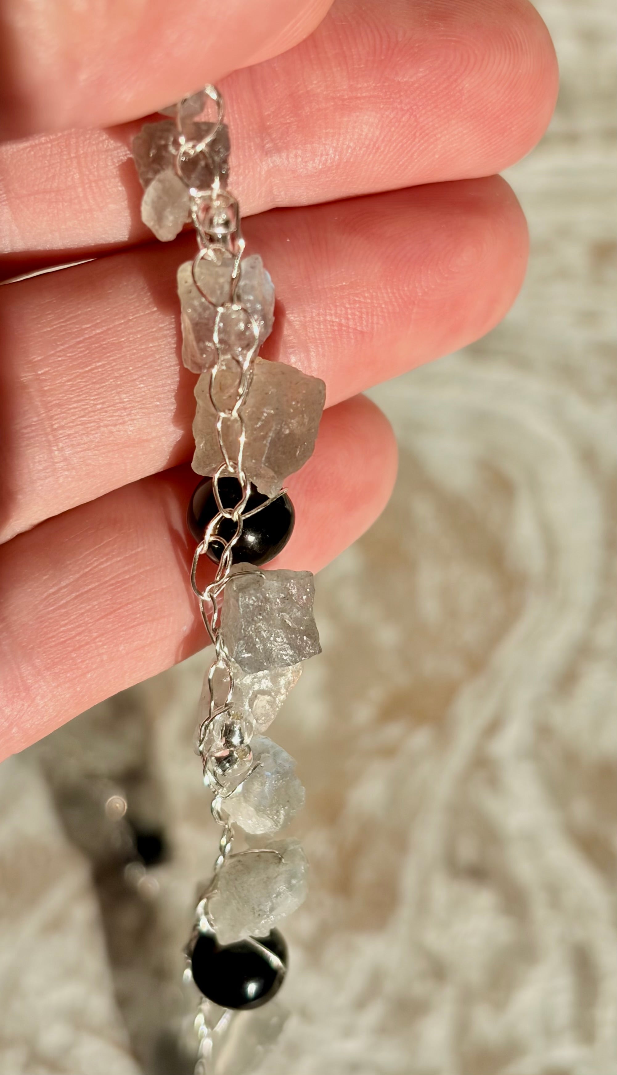 “Smoke” — Labradorite and obsidian crochet necklace