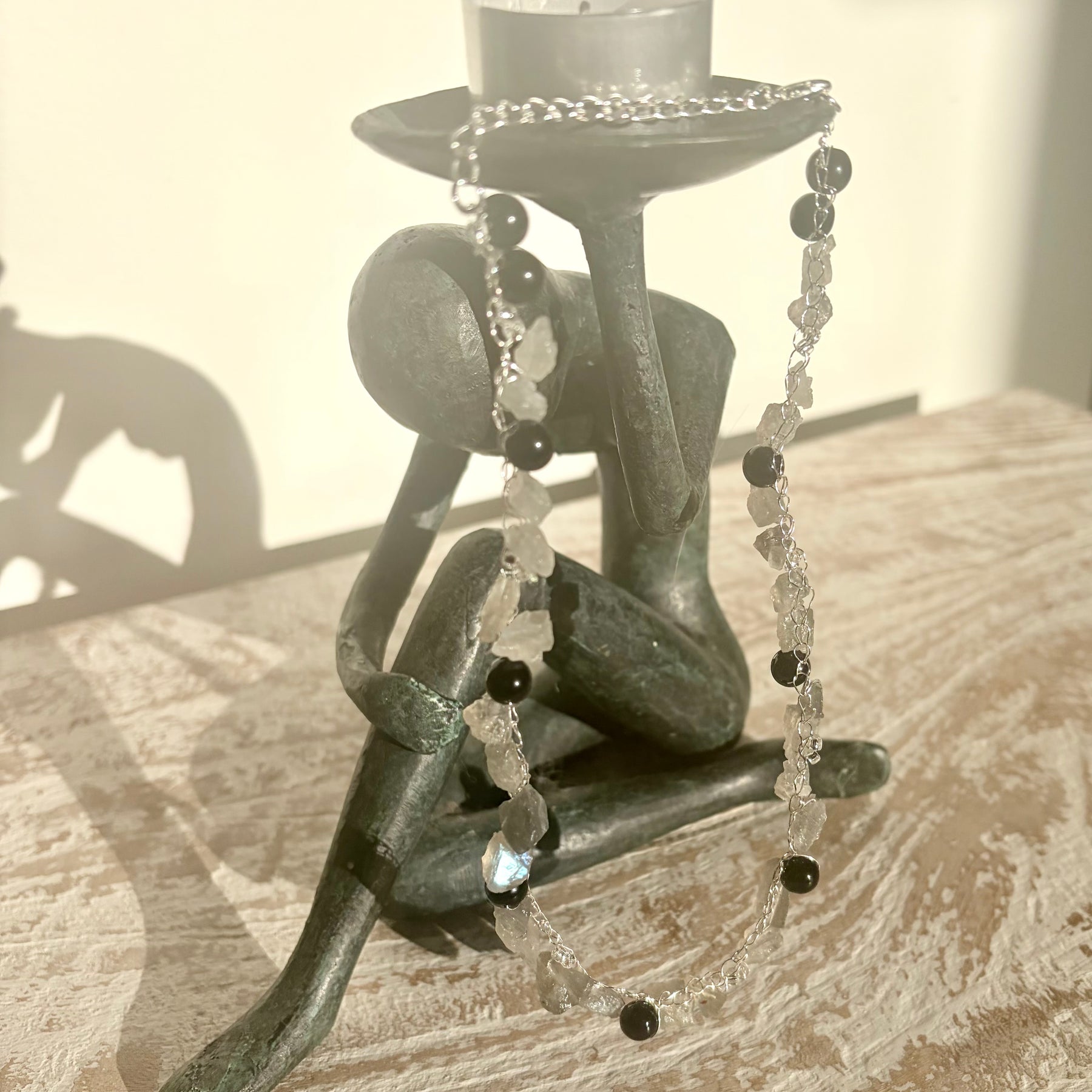 “Smoke” — Labradorite and obsidian crochet necklace