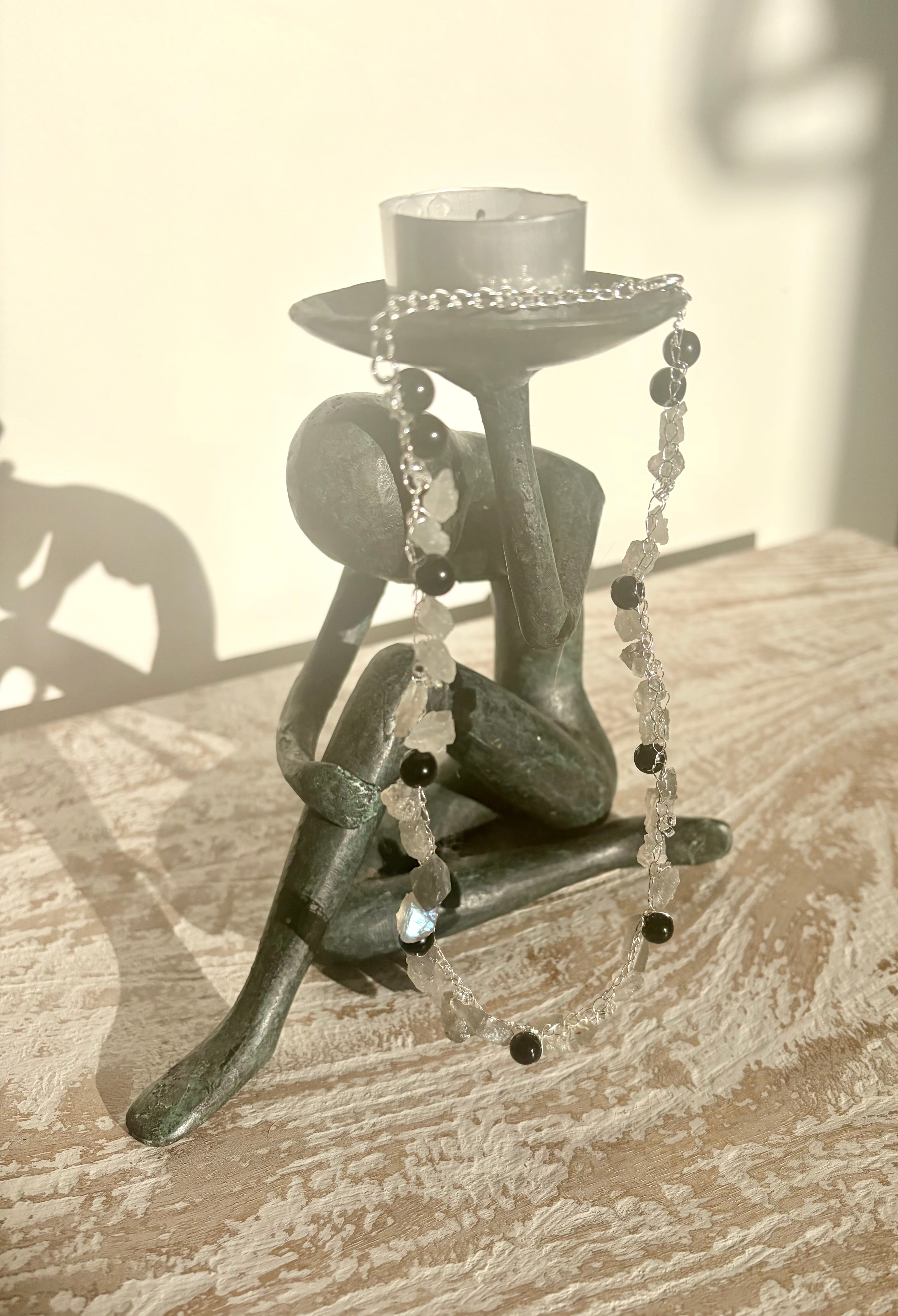 “Smoke” — Labradorite and obsidian crochet necklace