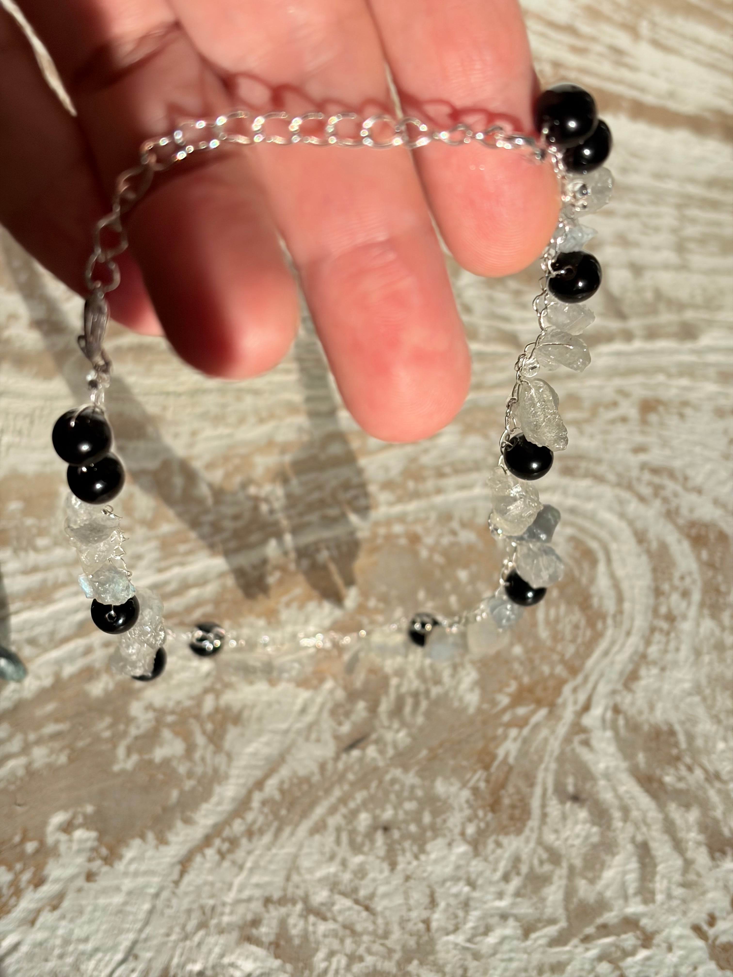 “Smoke” — Labradorite and obsidian crochet necklace