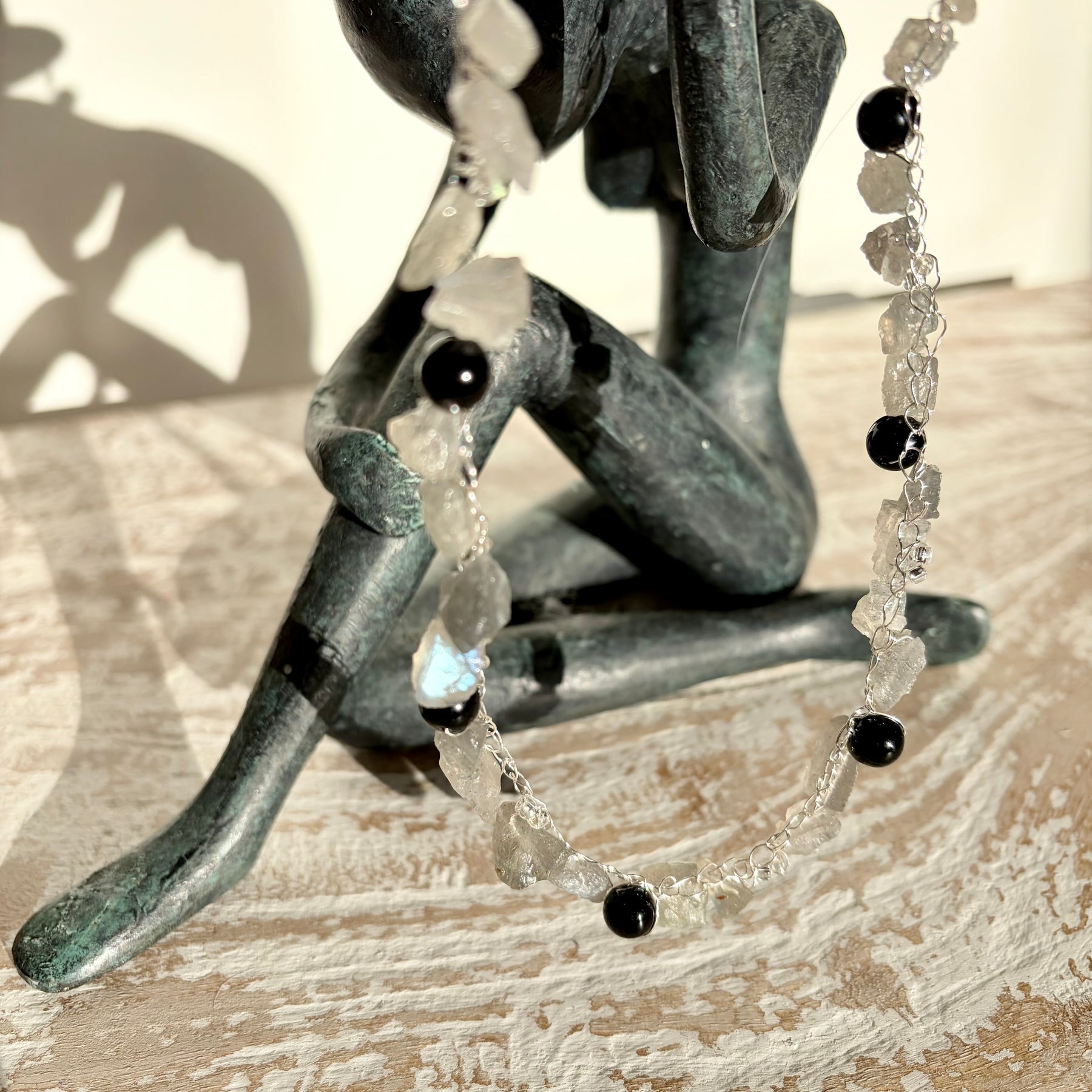 “Smoke” — Labradorite and obsidian crochet necklace