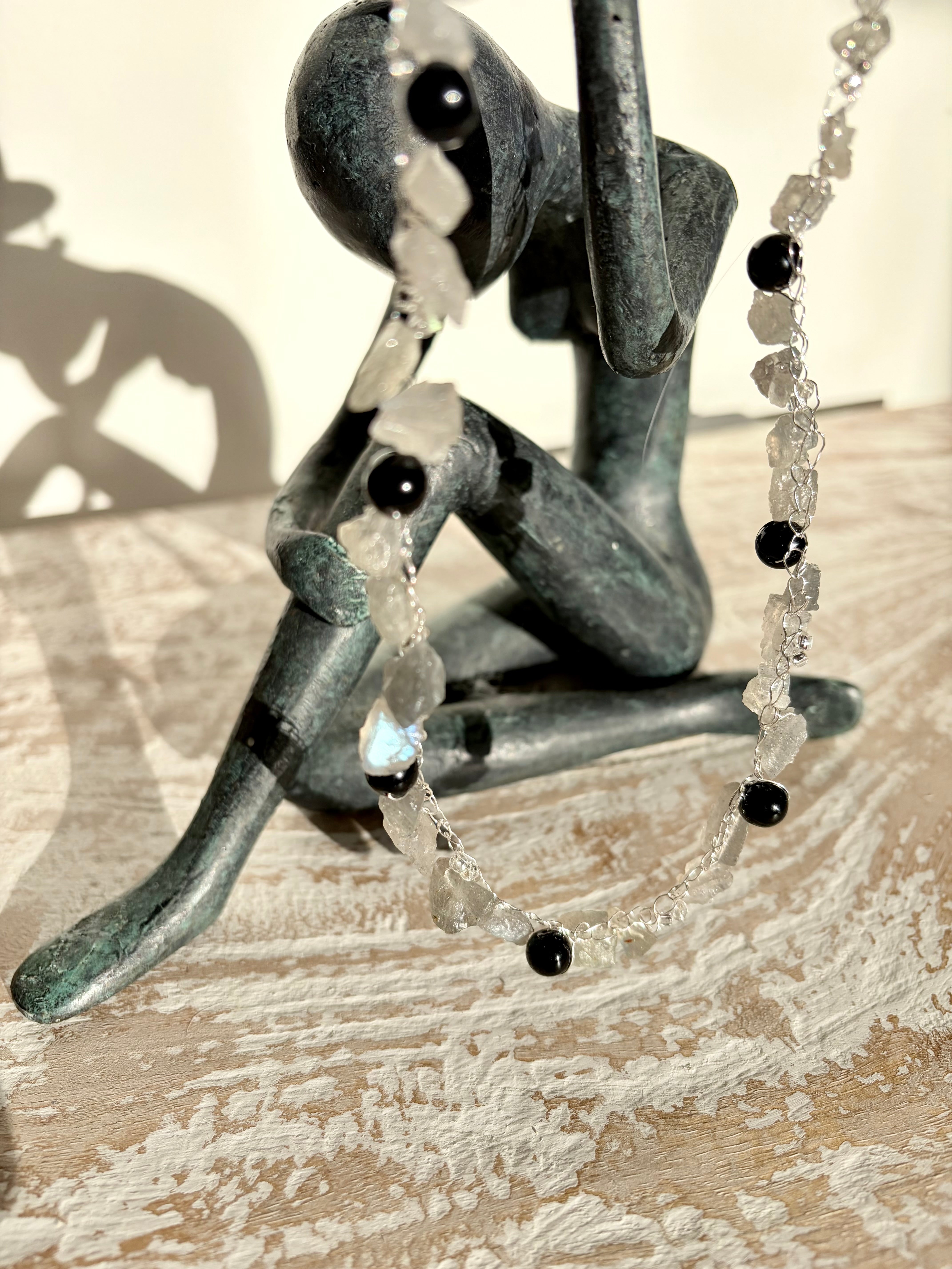 “Smoke” — Labradorite and obsidian crochet necklace