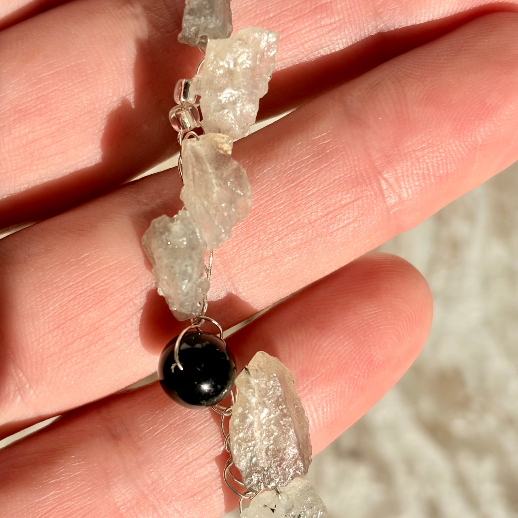 “Smoke” — Labradorite and obsidian crochet necklace