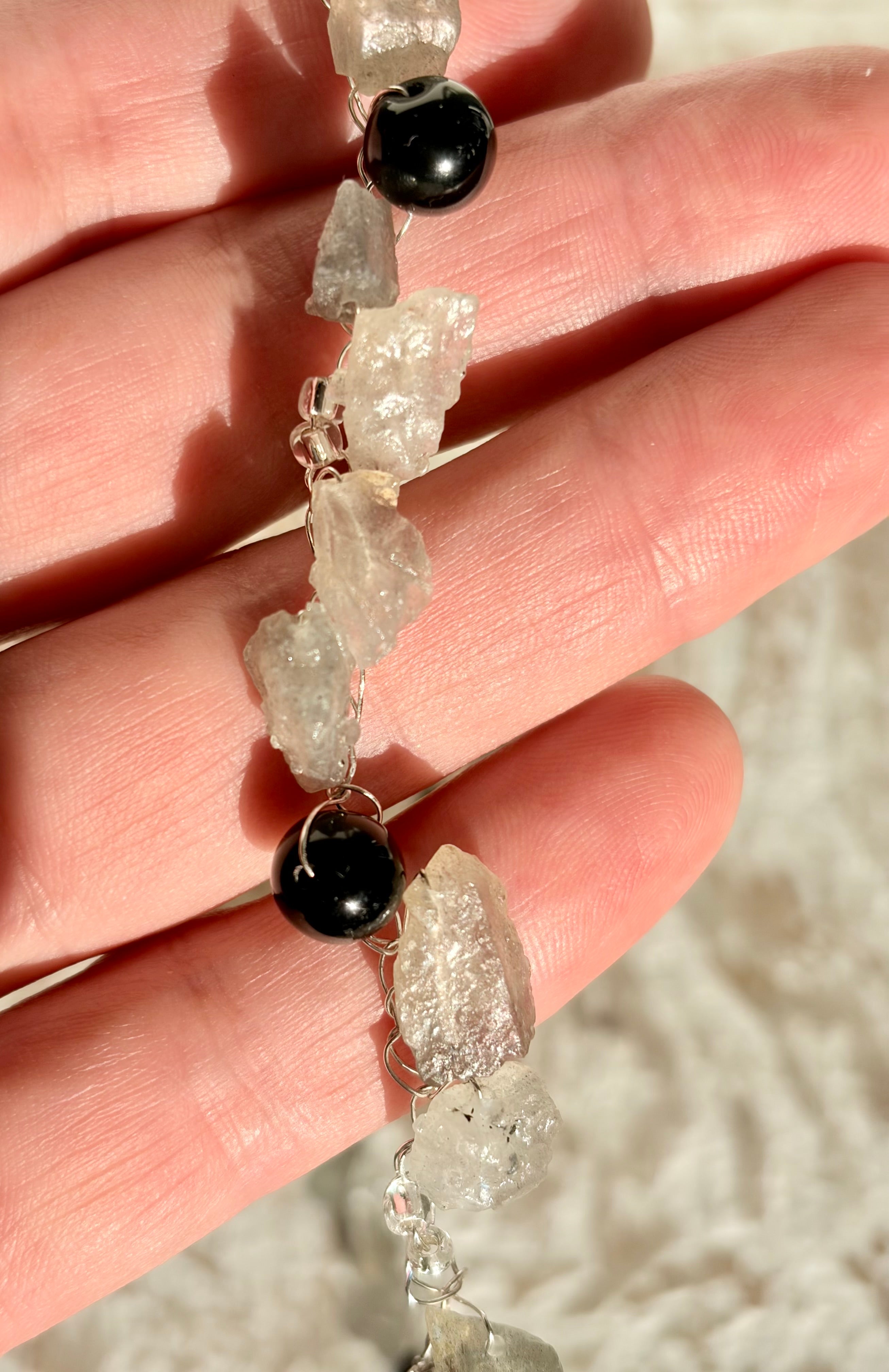 “Smoke” — Labradorite and obsidian crochet necklace